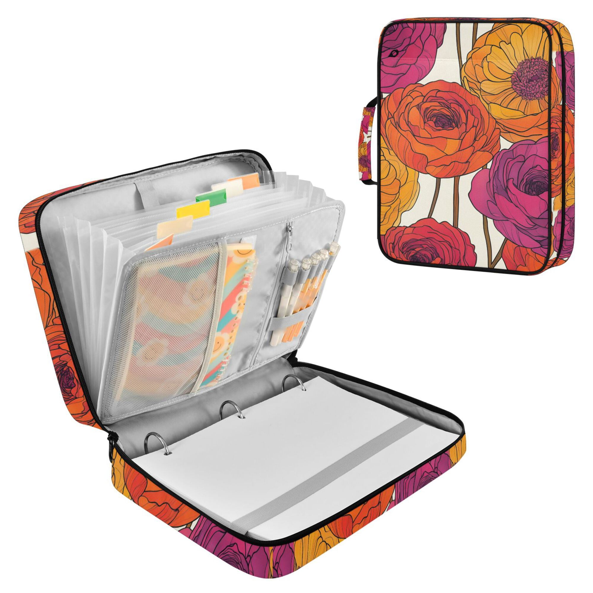 FORMRS Accordion File Folder A4 Size 7-Pocket Expanding Document Organizer Bag with 3 Ring Binder, Purple Hand Drawn Floral