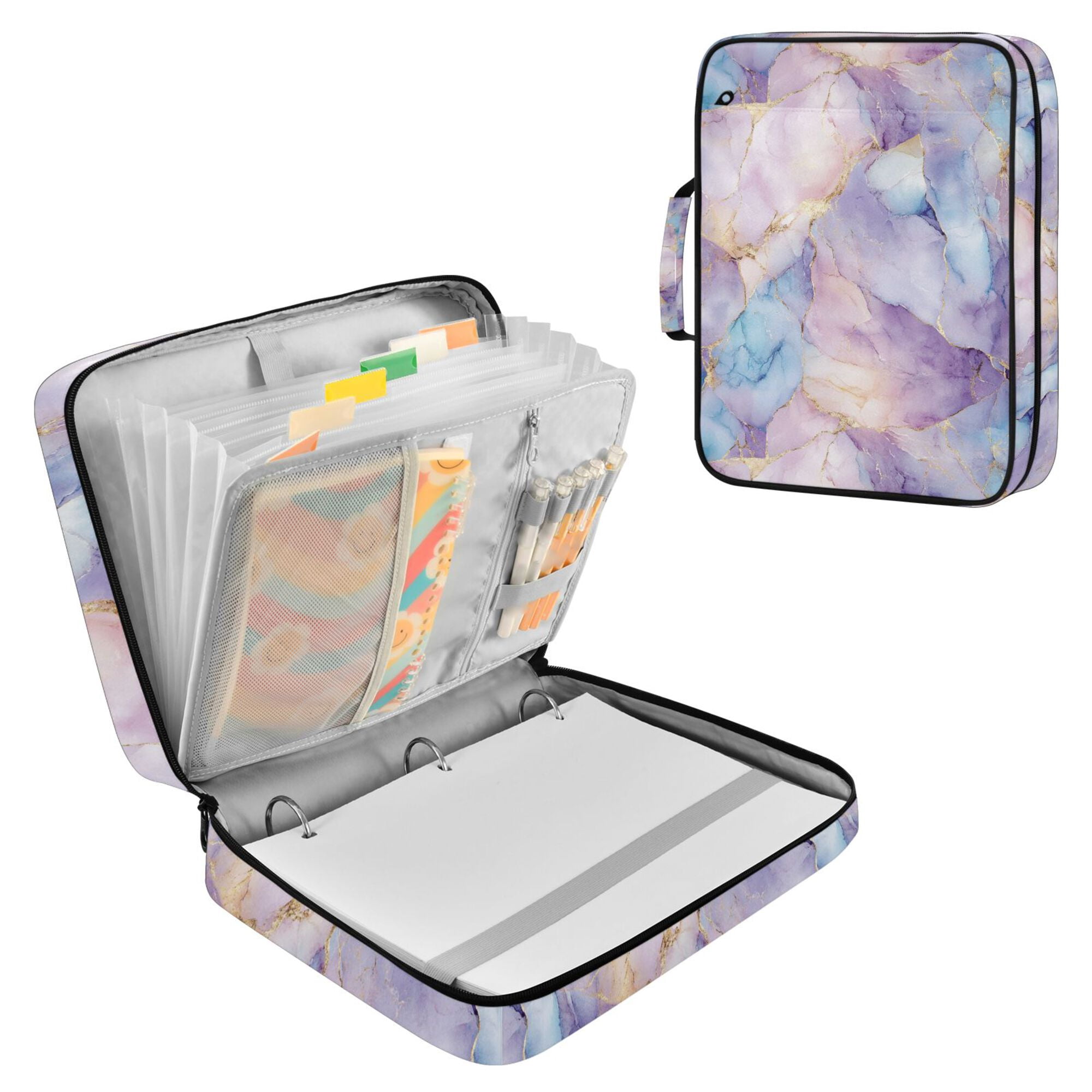 FORMRS Accordion File Folder A4 Size 7-Pocket Expanding Document Organizer Bag with 3 Ring Binder, Purple Marble Pattern