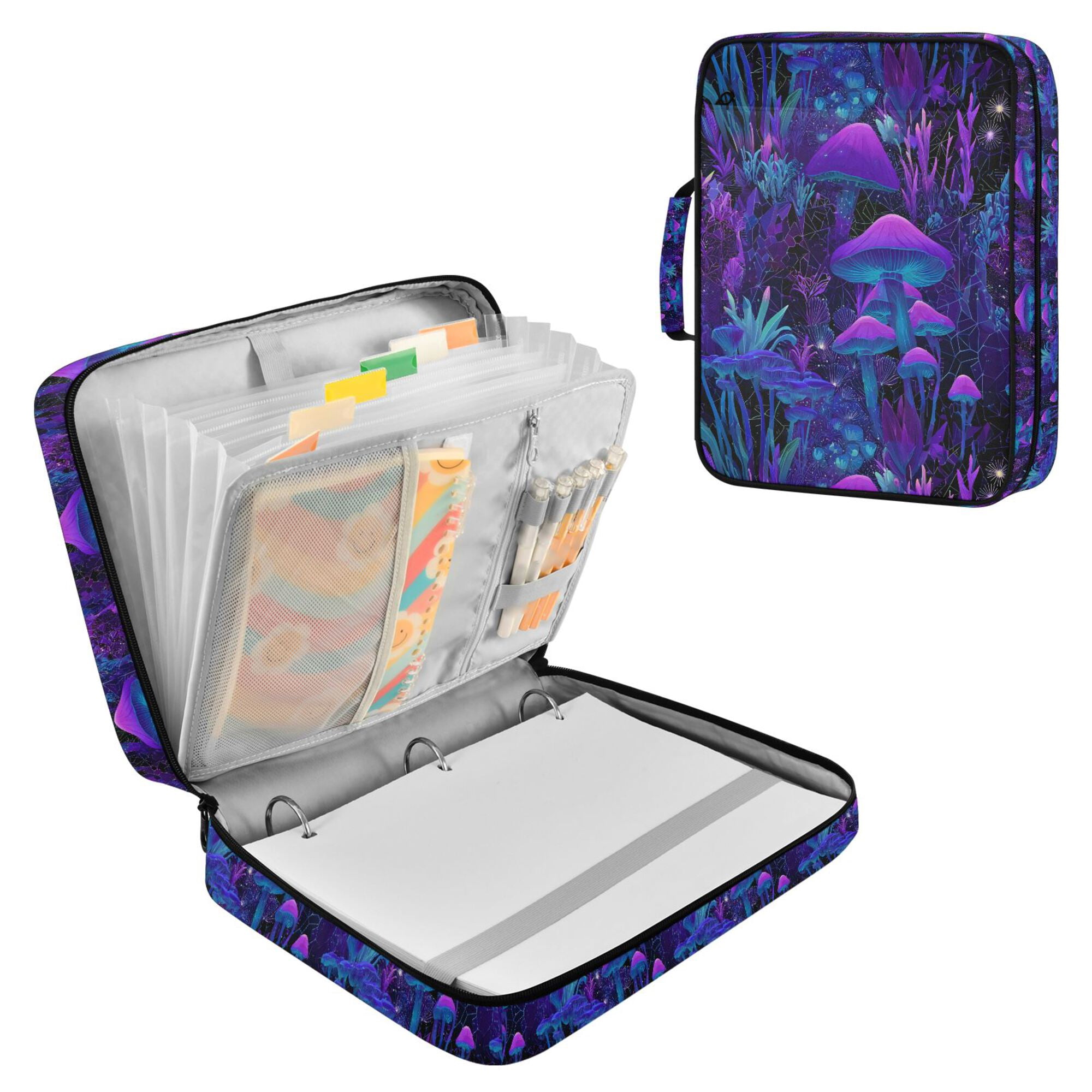 FORMRS Accordion File Folder A4 Size 7-Pocket Expanding Document Organizer Bag with 3 Ring Binder, Purple Mushrooms Pattern