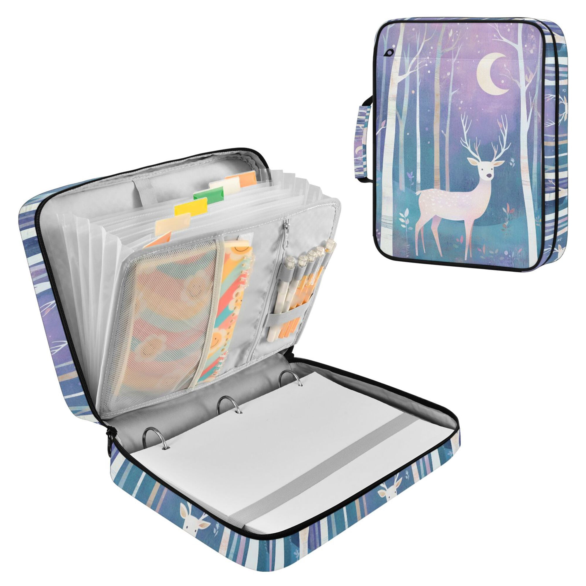 FORMRS Accordion File Folder A4 Size 7-Pocket Expanding Document Organizer Bag with 3 Ring Binder, Purple Night Deer
