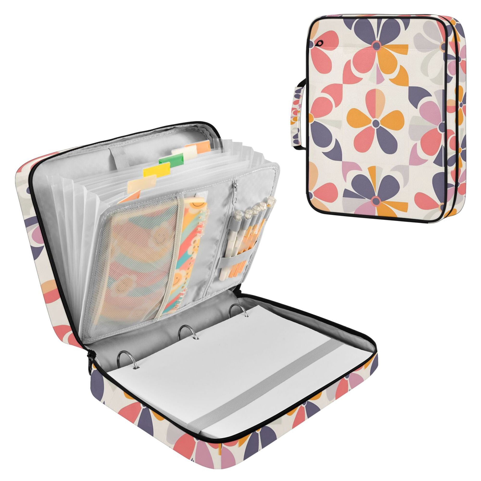 FORMRS Accordion File Folder A4 Size 7-Pocket Expanding Document Organizer Bag with 3 Ring Binder, Purple Retro Flower