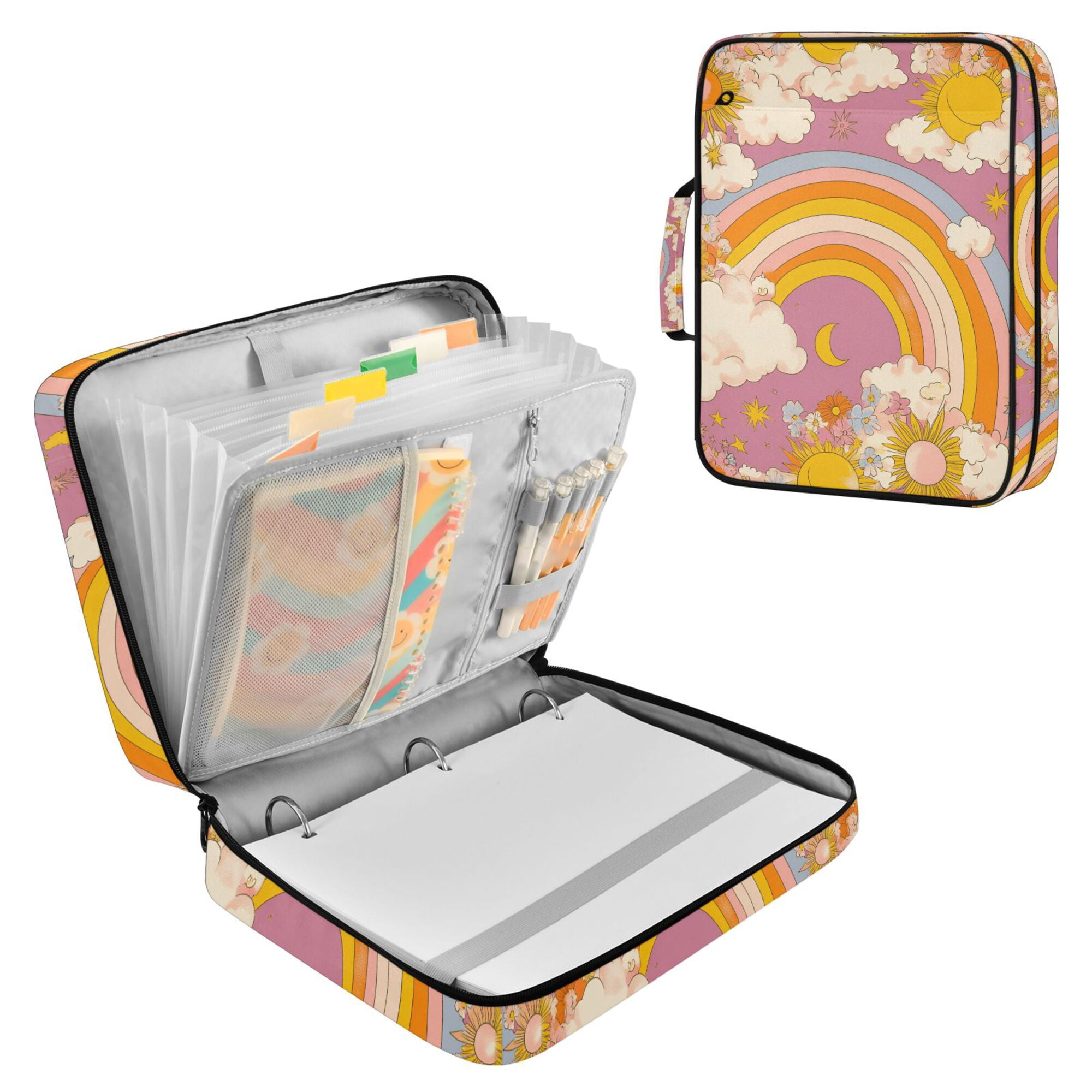 FORMRS Accordion File Folder A4 Size 7-Pocket Expanding Document Organizer Bag with 3 Ring Binder, Purple Retro Rainbow