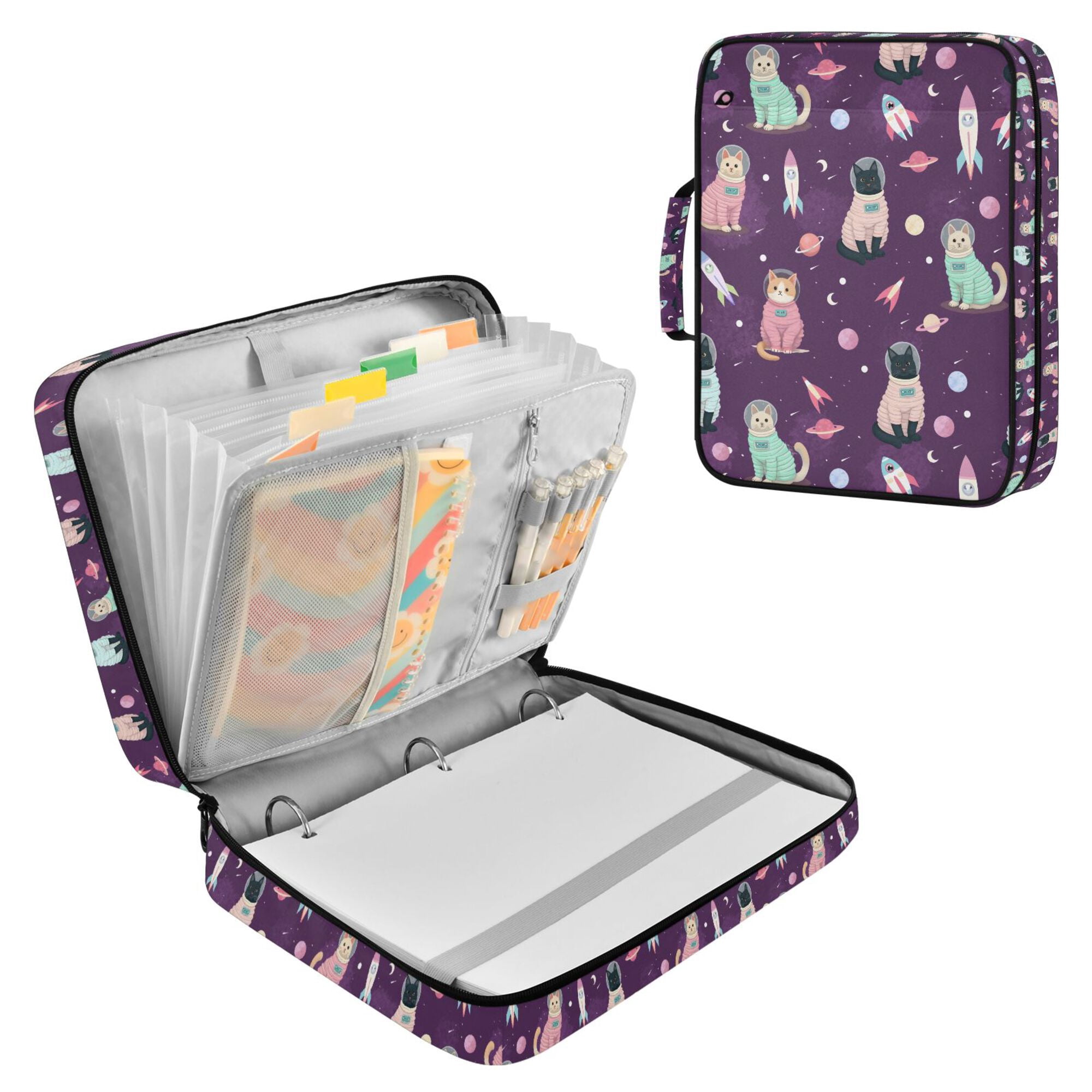 FORMRS Accordion File Folder A4 Size 7-Pocket Expanding Document Organizer Bag with 3 Ring Binder, Purple Space Cat Pattern