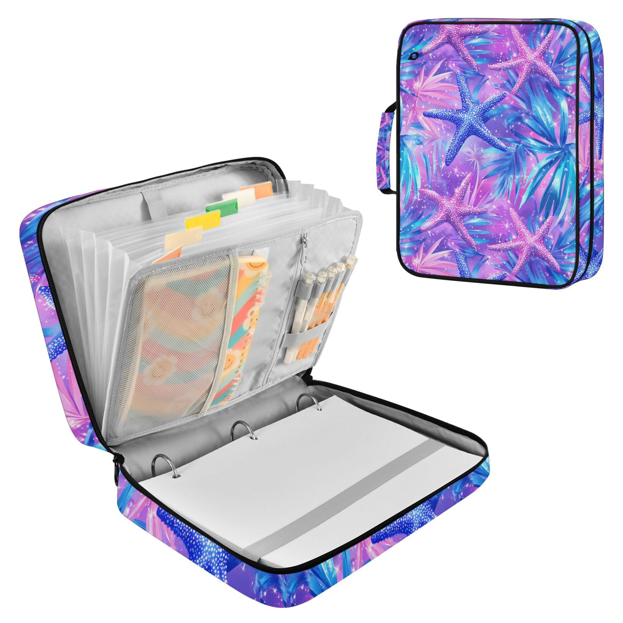 FORMRS Accordion File Folder A4 Size 7-Pocket Expanding Document Organizer Bag with 3 Ring Binder, Purple Starfish Pattern