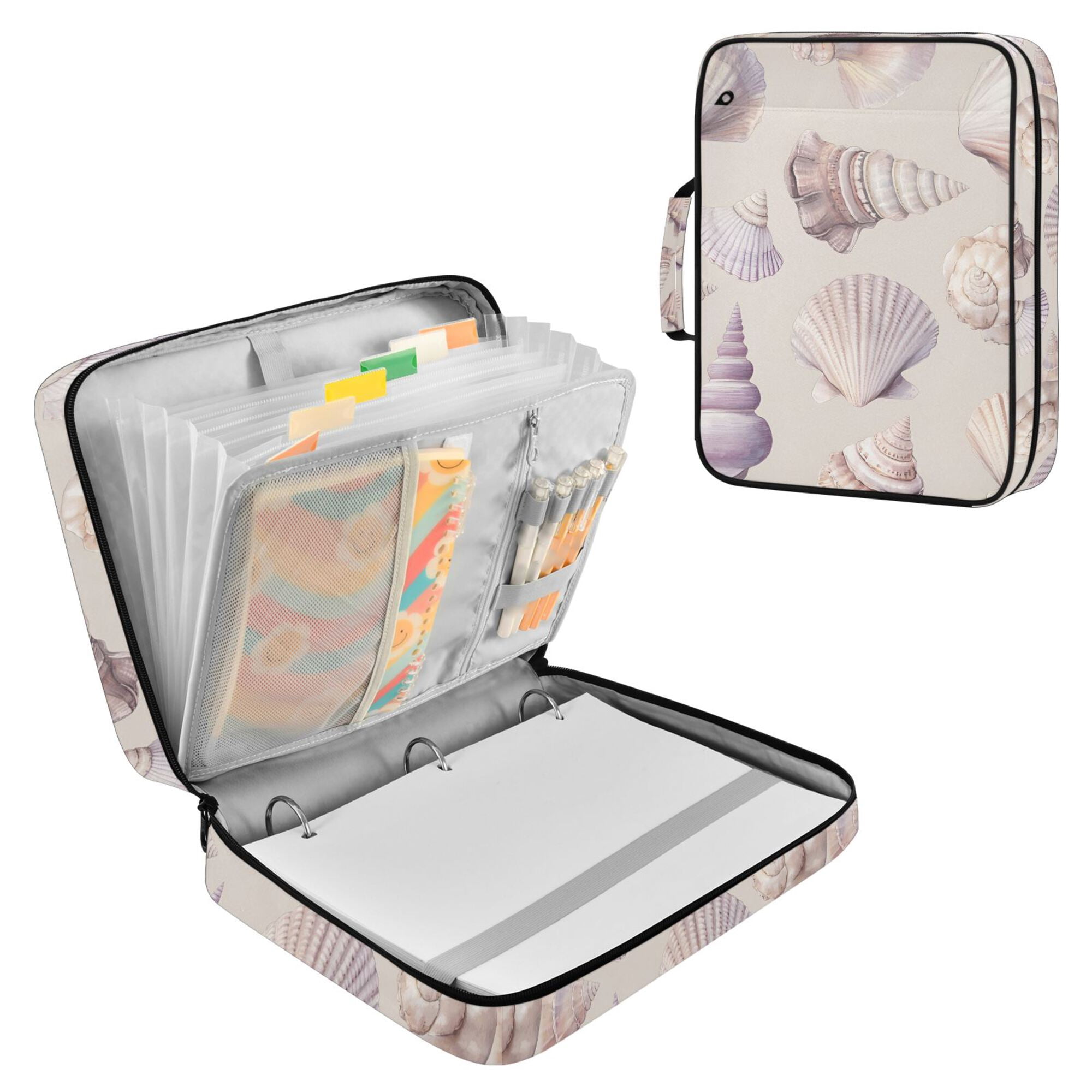 FORMRS Accordion File Folder A4 Size 7-Pocket Expanding Document Organizer Bag with 3 Ring Binder, Purple Watercolor Seashells