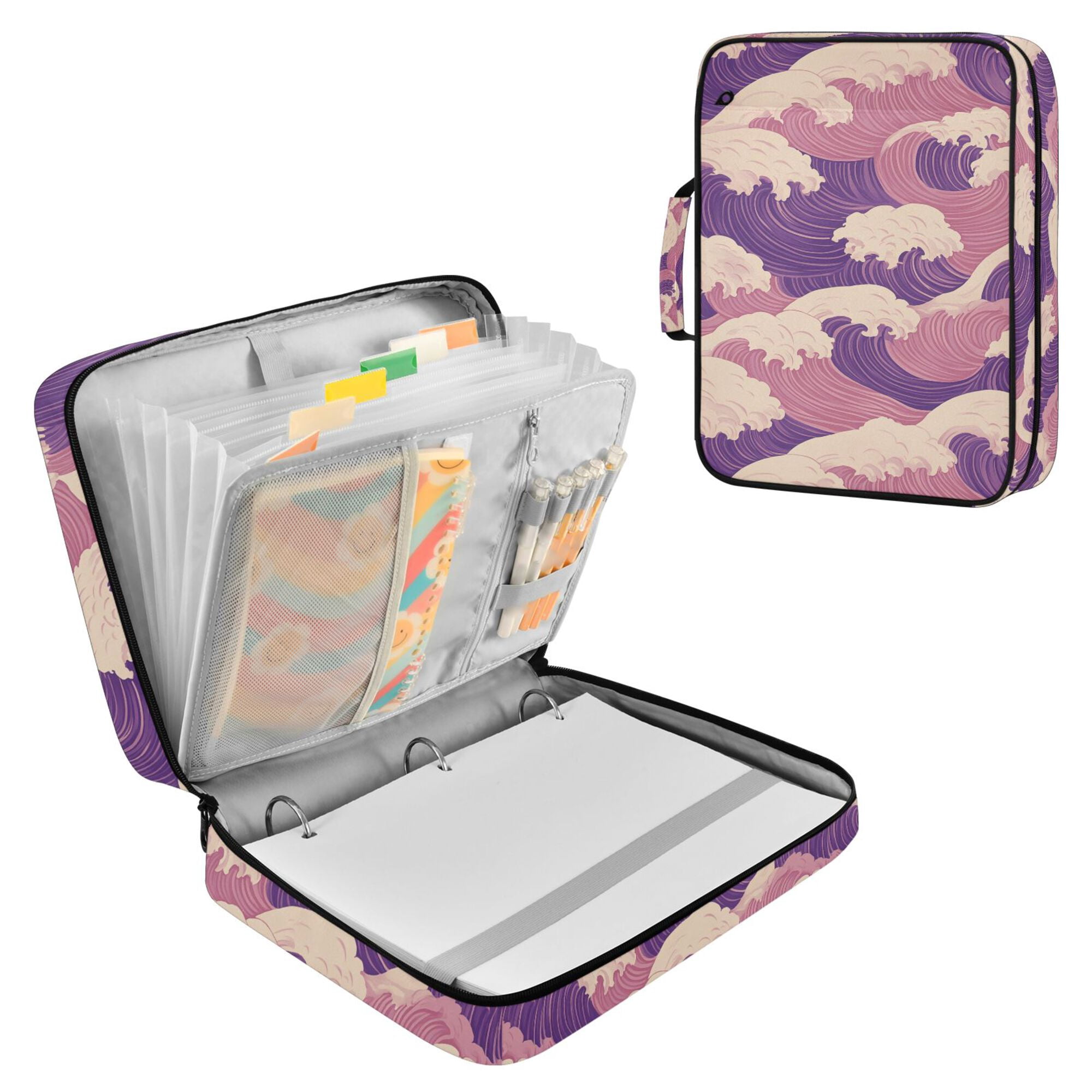 FORMRS Accordion File Folder A4 Size 7-Pocket Expanding Document Organizer Bag with 3 Ring Binder, Purple Wave Pattern