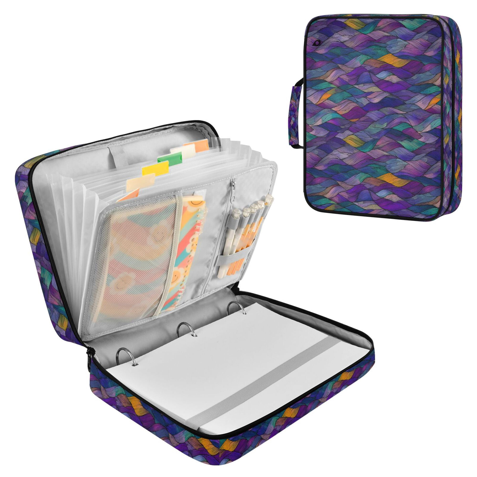 FORMRS Accordion File Folder A4 Size 7-Pocket Expanding Document Organizer Bag with 3 Ring Binder, Purple Waves Pattern