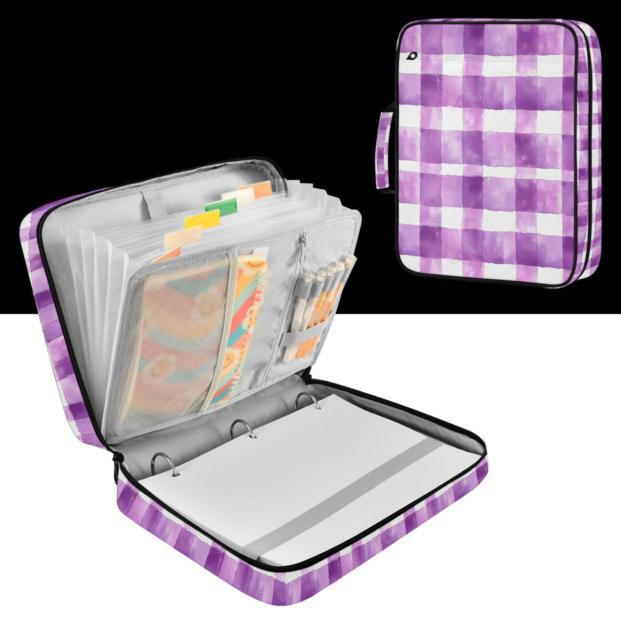 FORMRS Accordion File Folder A4 Size 7-Pocket Expanding Document Organizer Bag with 3 Ring Binder, Purple and White Pattern
