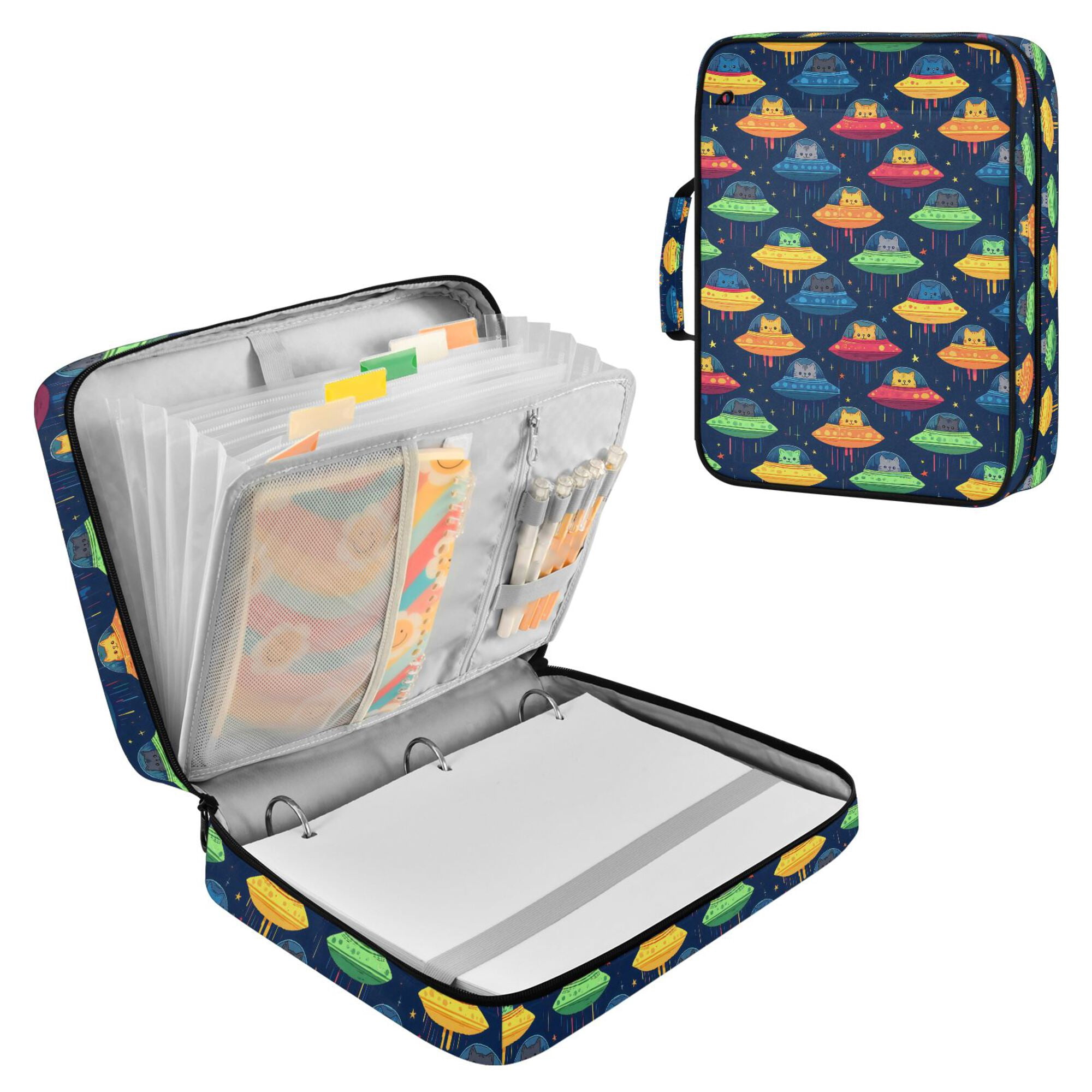 FORMRS Accordion File Folder A4 Size 7-Pocket Expanding Document Organizer Bag with 3 Ring Binder, Rainbow Space Cat