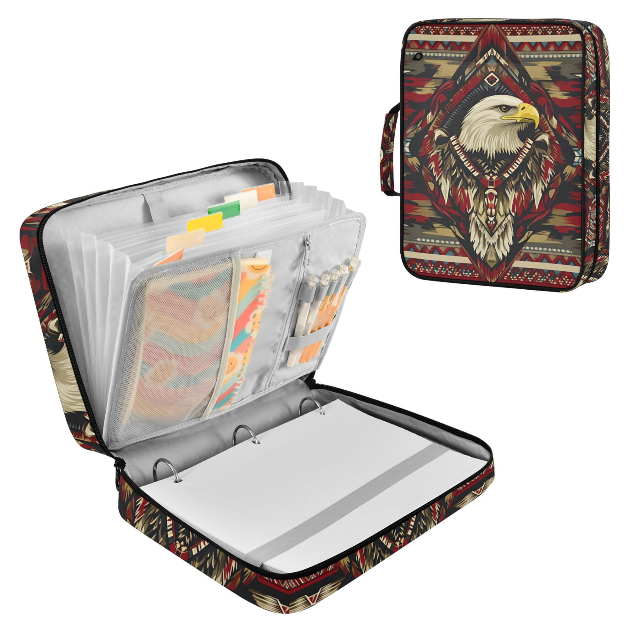 FORMRS Accordion File Folder A4 Size 7-Pocket Expanding Document Organizer Bag with 3 Ring Binder, Red Abstract Eagle