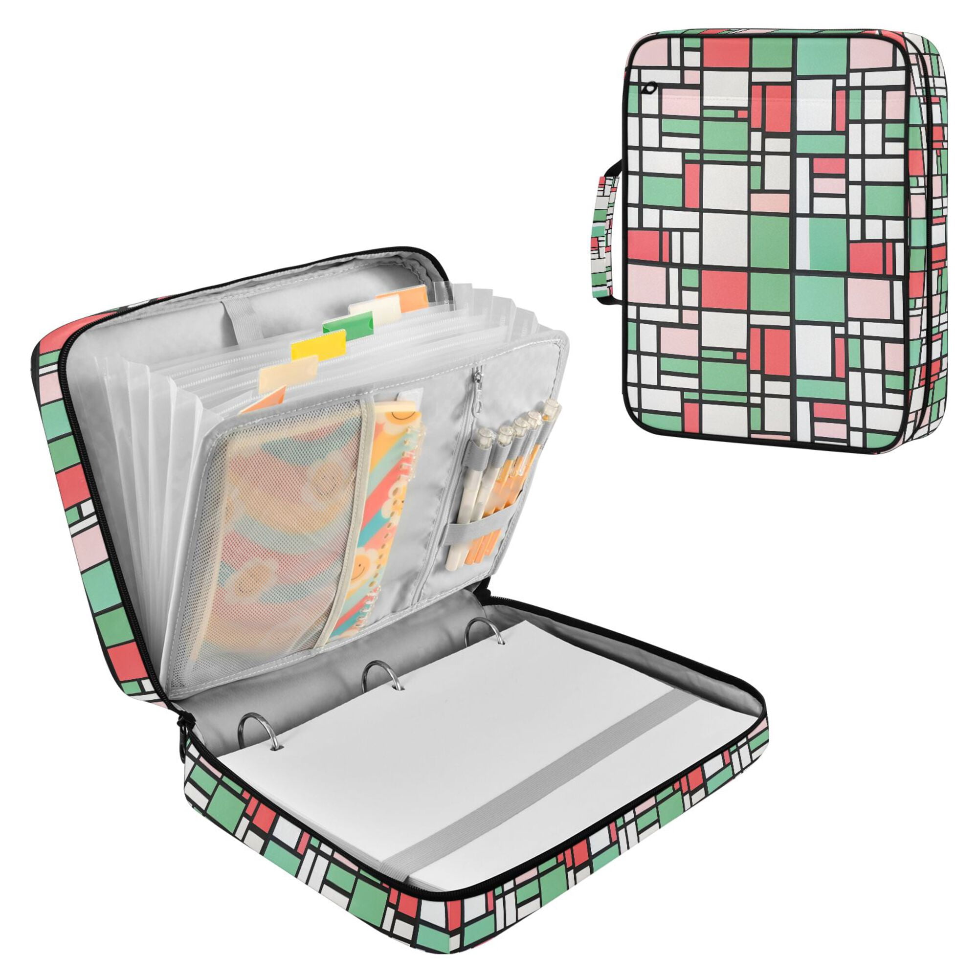 FORMRS Accordion File Folder A4 Size 7-Pocket Expanding Document Organizer Bag with 3 Ring Binder, Red Abstract Geometric
