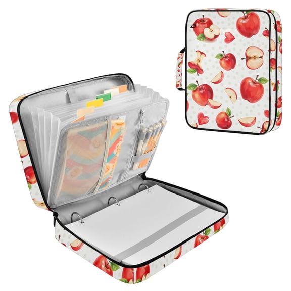 FORMRS Accordion File Folder A4 Size 7-Pocket Expanding Document Organizer Bag with 3 Ring Binder, Red Apple Heart Pattern