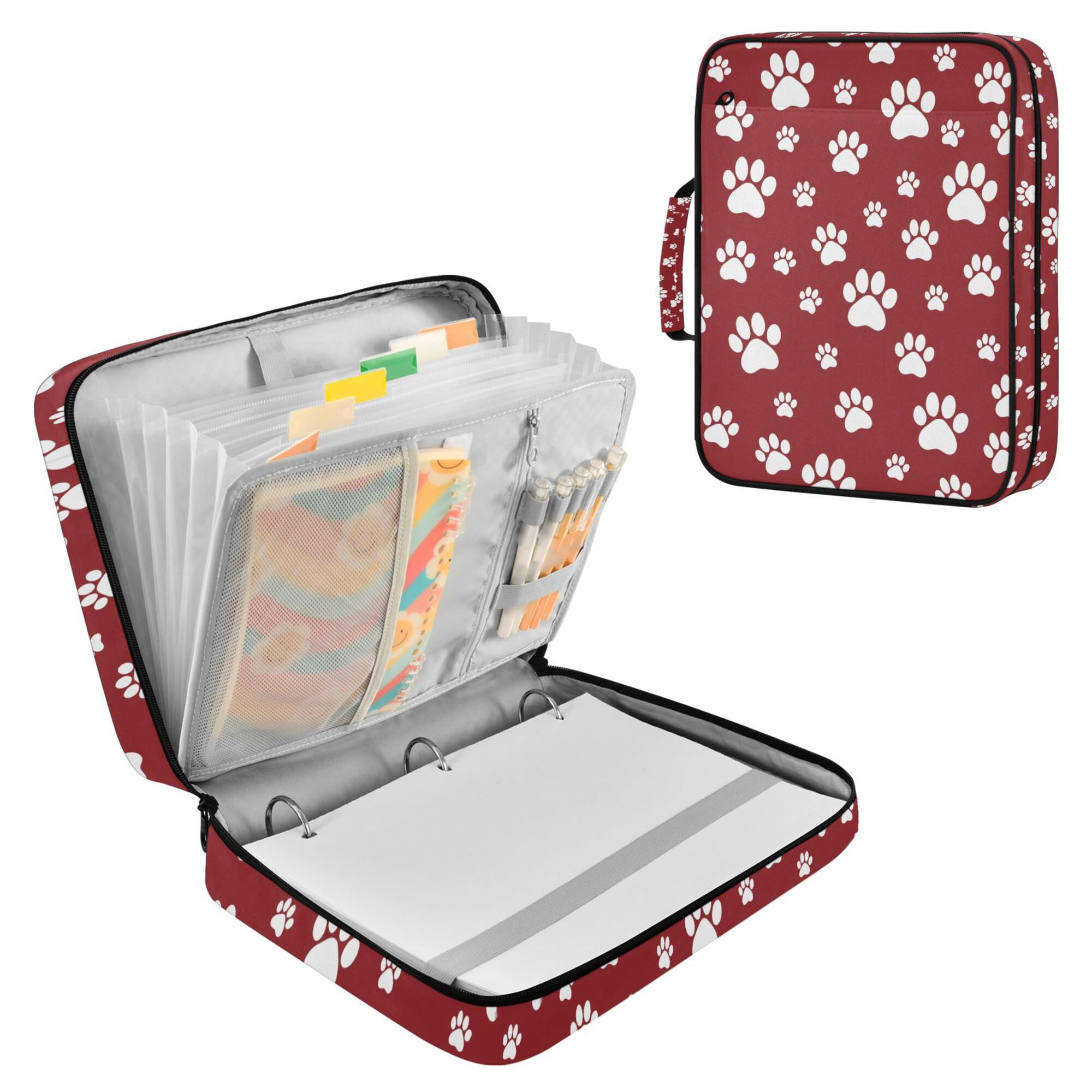 FORMRS Accordion File Folder A4 Size 7-Pocket Expanding Document Organizer Bag with 3 Ring Binder, Red Cartoon Paws Pattern