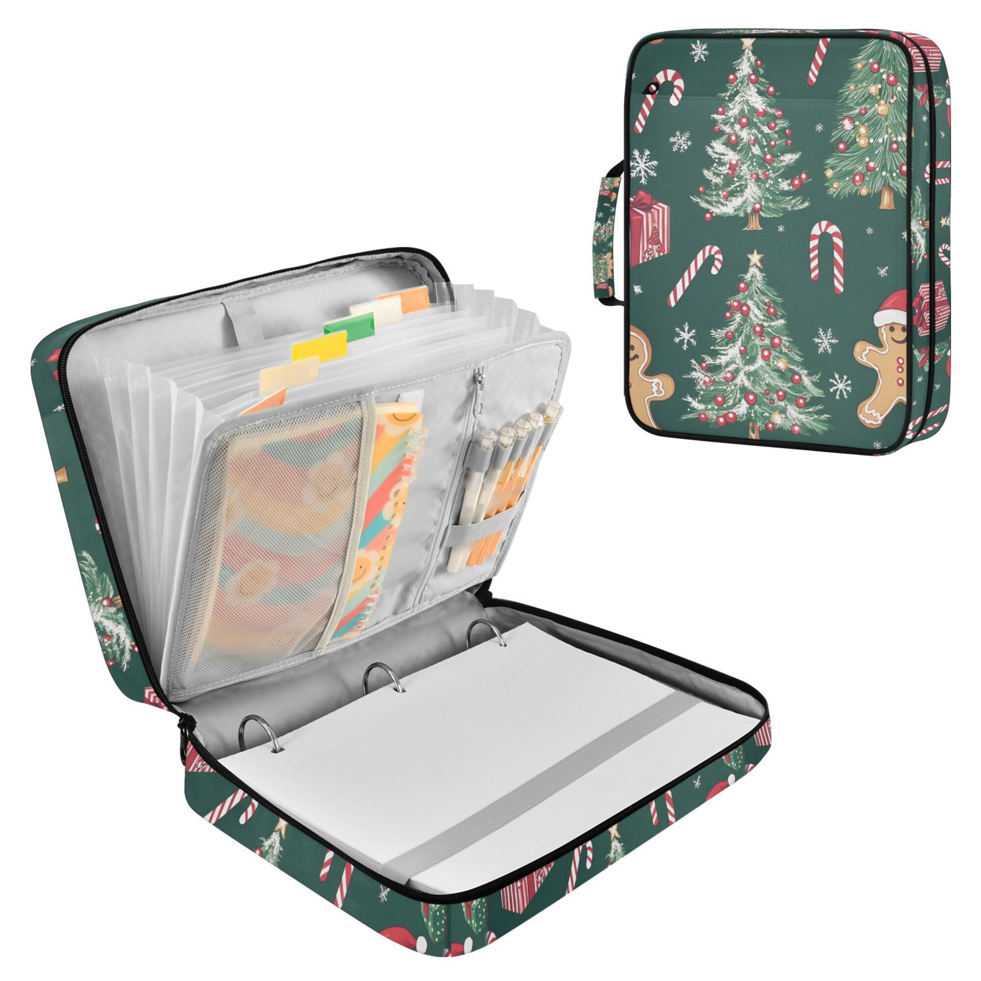 FORMRS Accordion File Folder A4 Size 7-Pocket Expanding Document Organizer Bag with 3 Ring Binder, Red Christmas Gingerbread