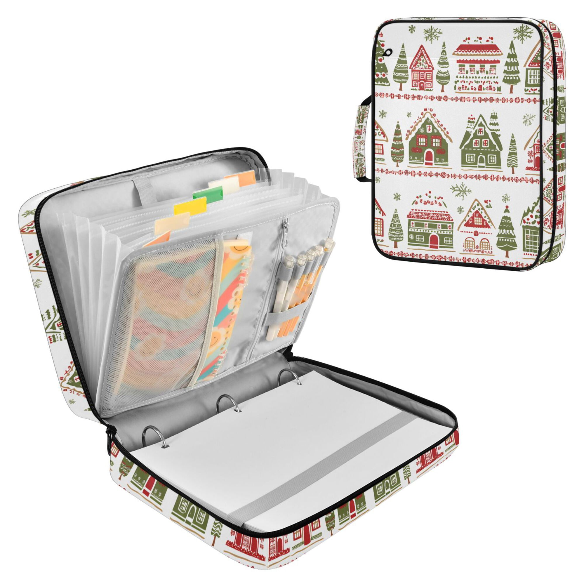 FORMRS Accordion File Folder A4 Size 7-Pocket Expanding Document Organizer Bag with 3 Ring Binder, Red Christmas House