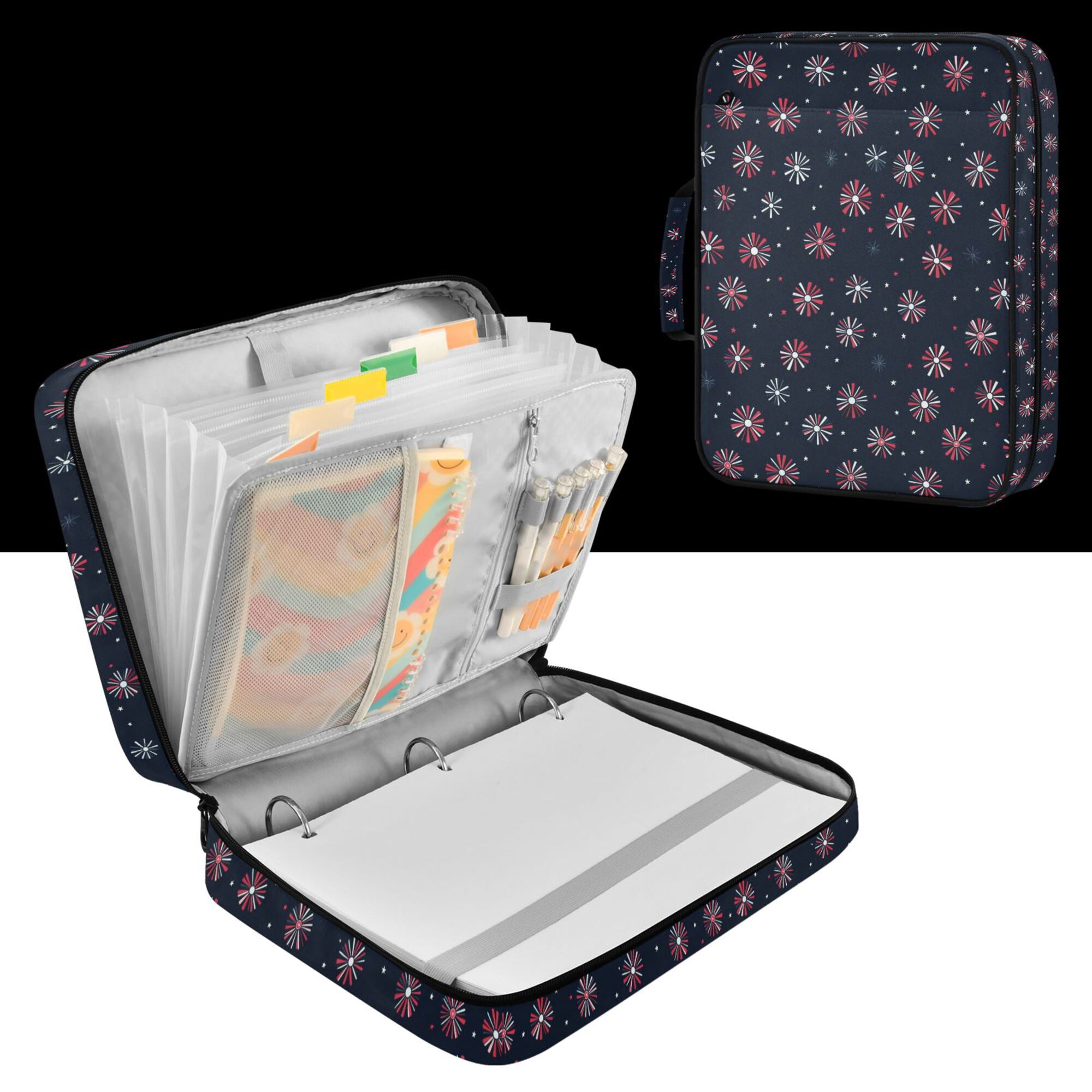 FORMRS Accordion File Folder A4 Size 7-Pocket Expanding Document Organizer Bag with 3 Ring Binder, Red Fireworks Pattern