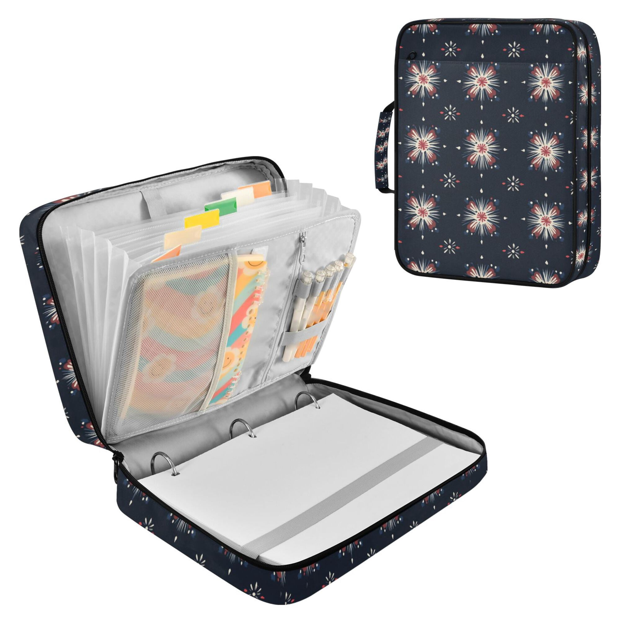 FORMRS Accordion File Folder A4 Size 7-Pocket Expanding Document Organizer Bag with 3 Ring Binder, Red Fireworks Pattern