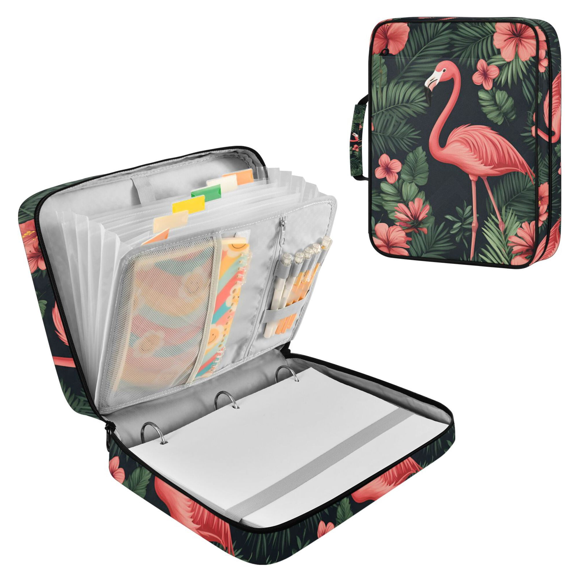 FORMRS Accordion File Folder A4 Size 7-Pocket Expanding Document Organizer Bag with 3 Ring Binder, Red Flamingo Pattern
