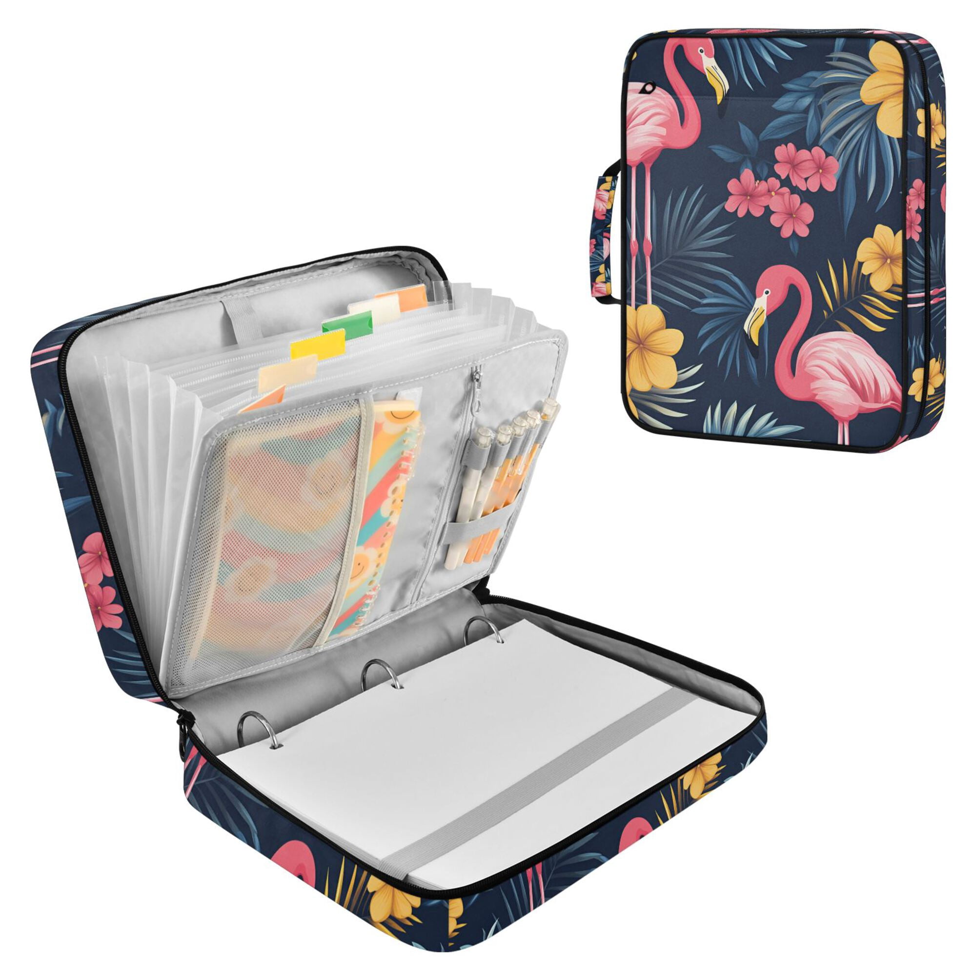 FORMRS Accordion File Folder A4 Size 7-Pocket Expanding Document Organizer Bag with 3 Ring Binder, Red Floral Flamingo