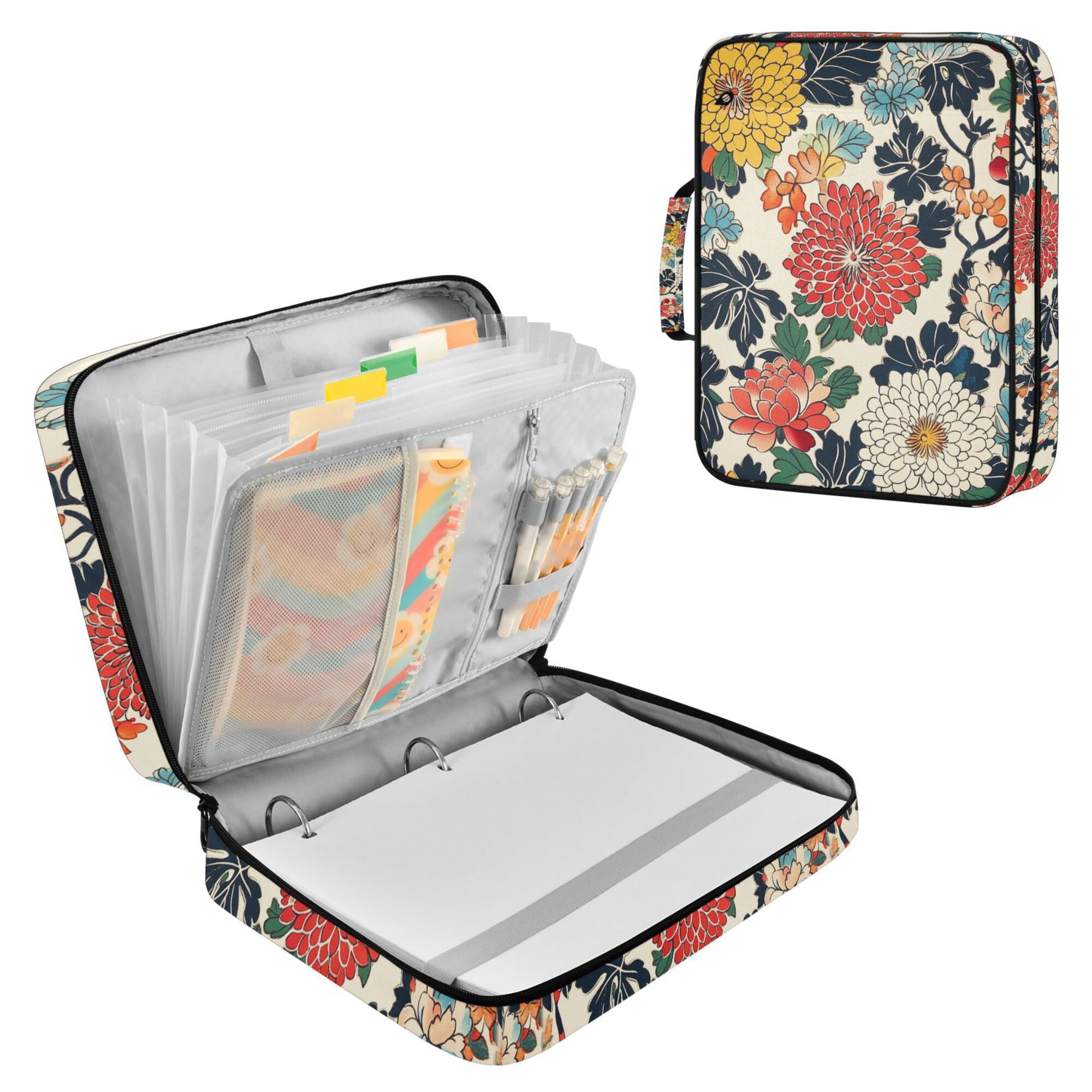 FORMRS Accordion File Folder A4 Size 7-Pocket Expanding Document Organizer Bag with 3 Ring Binder, Red Flowers Pattern