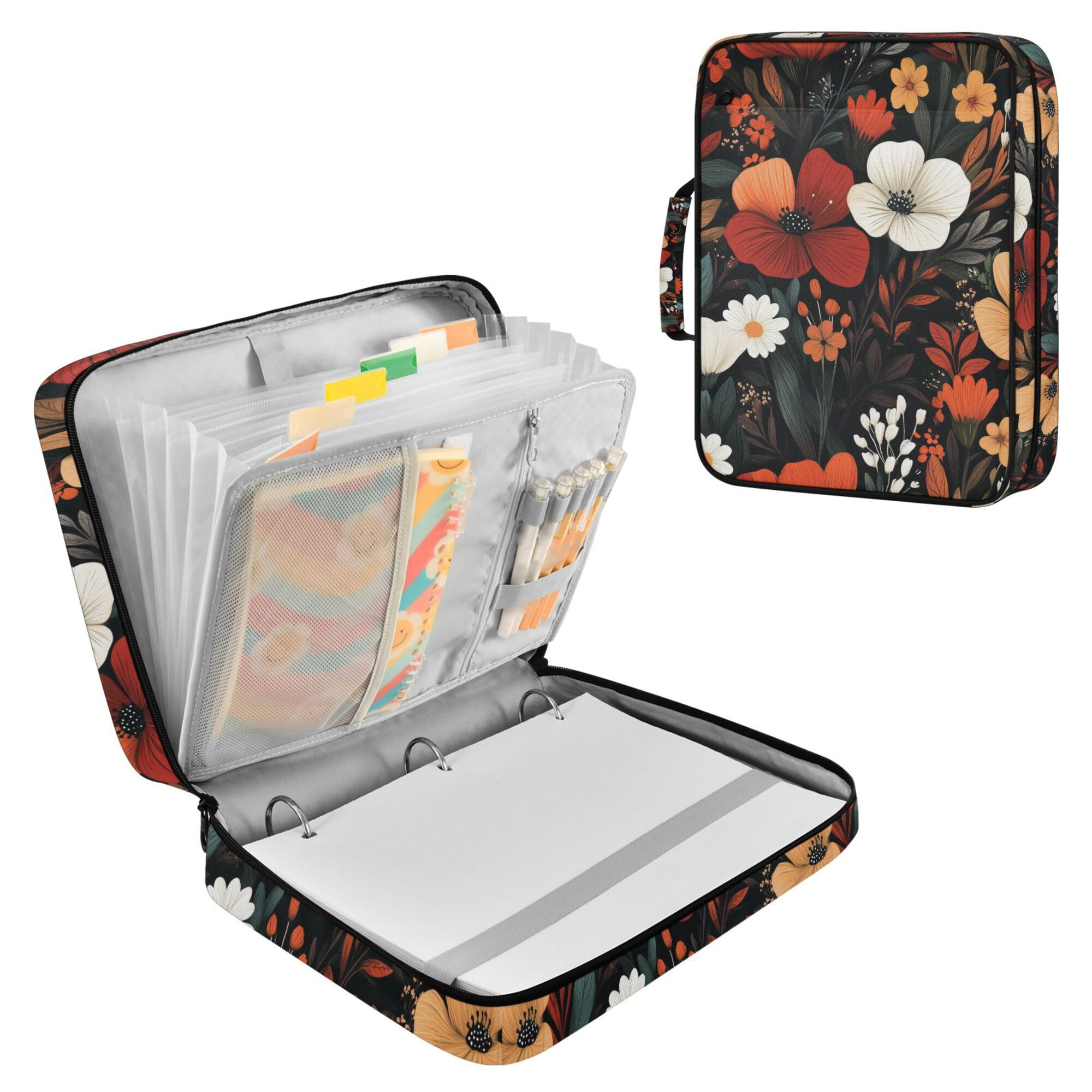 FORMRS Accordion File Folder A4 Size 7-Pocket Expanding Document Organizer Bag with 3 Ring Binder, Red Flowers Pattern