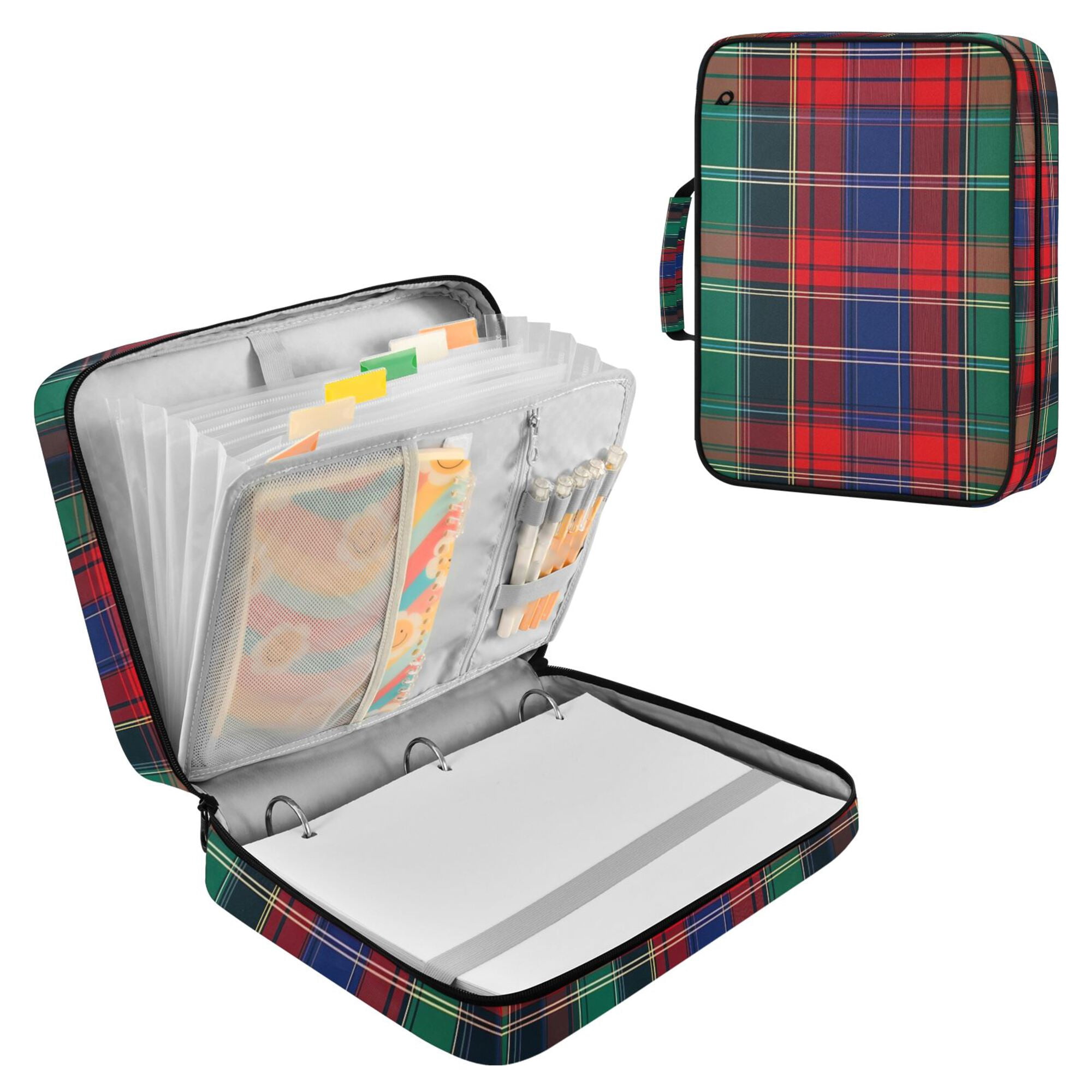 FORMRS Accordion File Folder A4 Size 7-Pocket Expanding Document Organizer Bag with 3 Ring Binder, Red Green Pattern