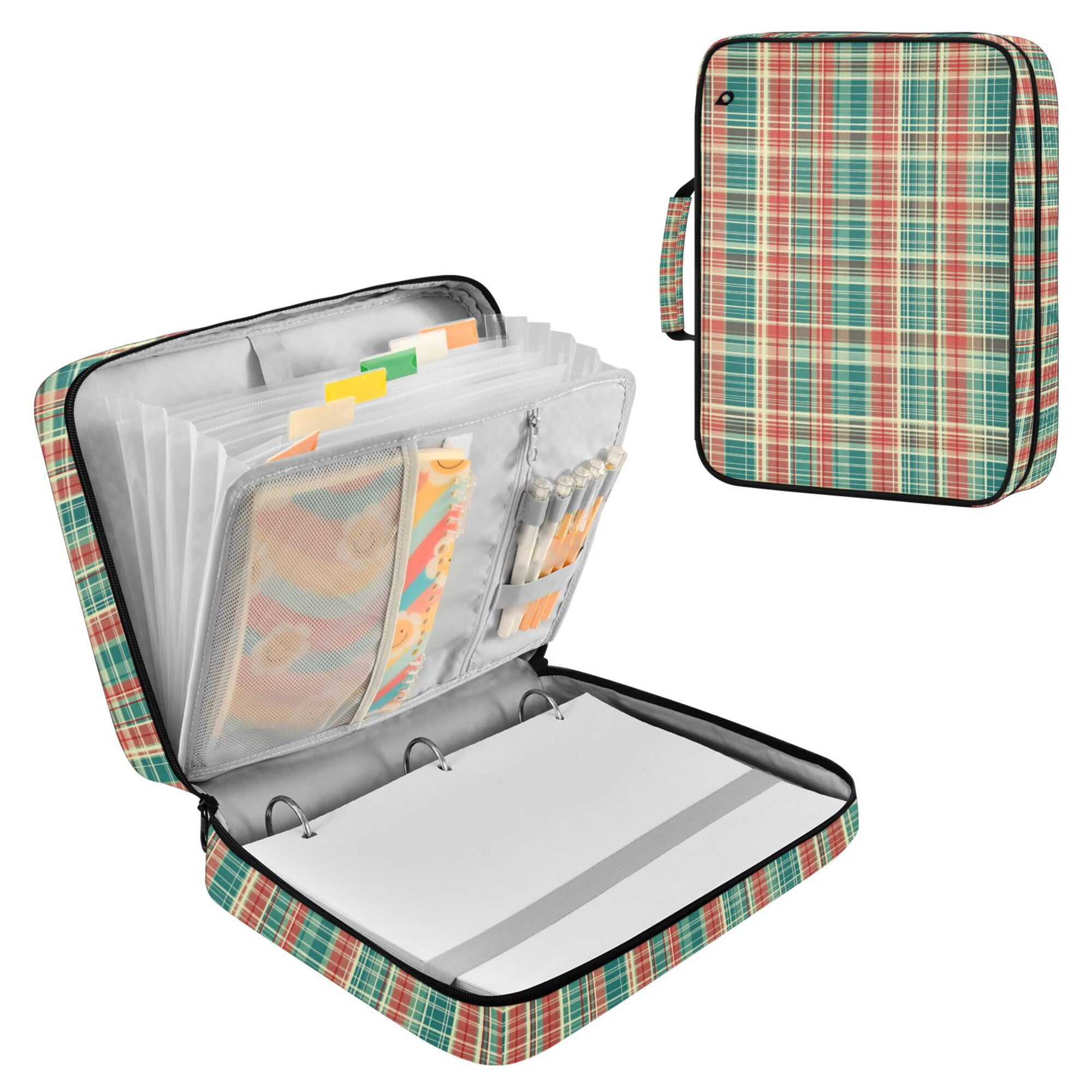 FORMRS Accordion File Folder A4 Size 7-Pocket Expanding Document Organizer Bag with 3 Ring Binder, Red Green Tartan Pattern