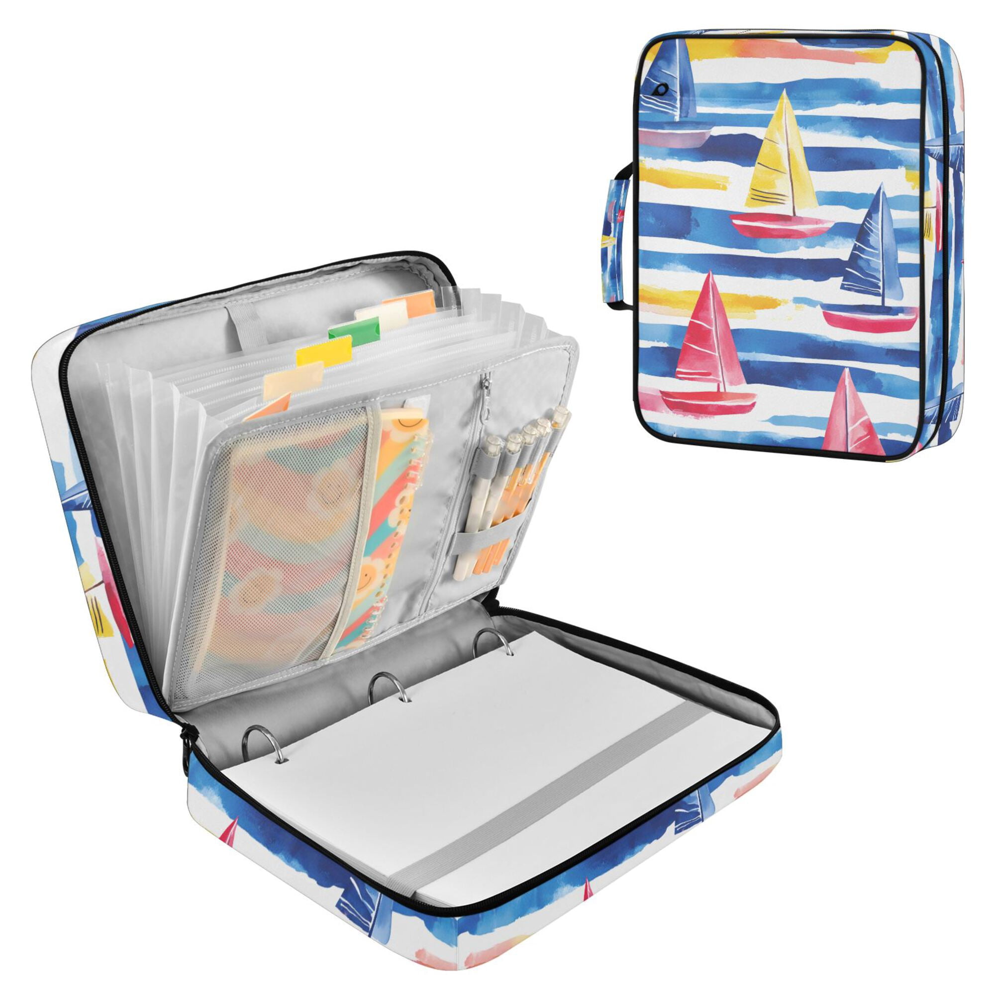 FORMRS Accordion File Folder A4 Size 7-Pocket Expanding Document Organizer Bag with 3 Ring Binder, Red Hand Drawn Sailboats