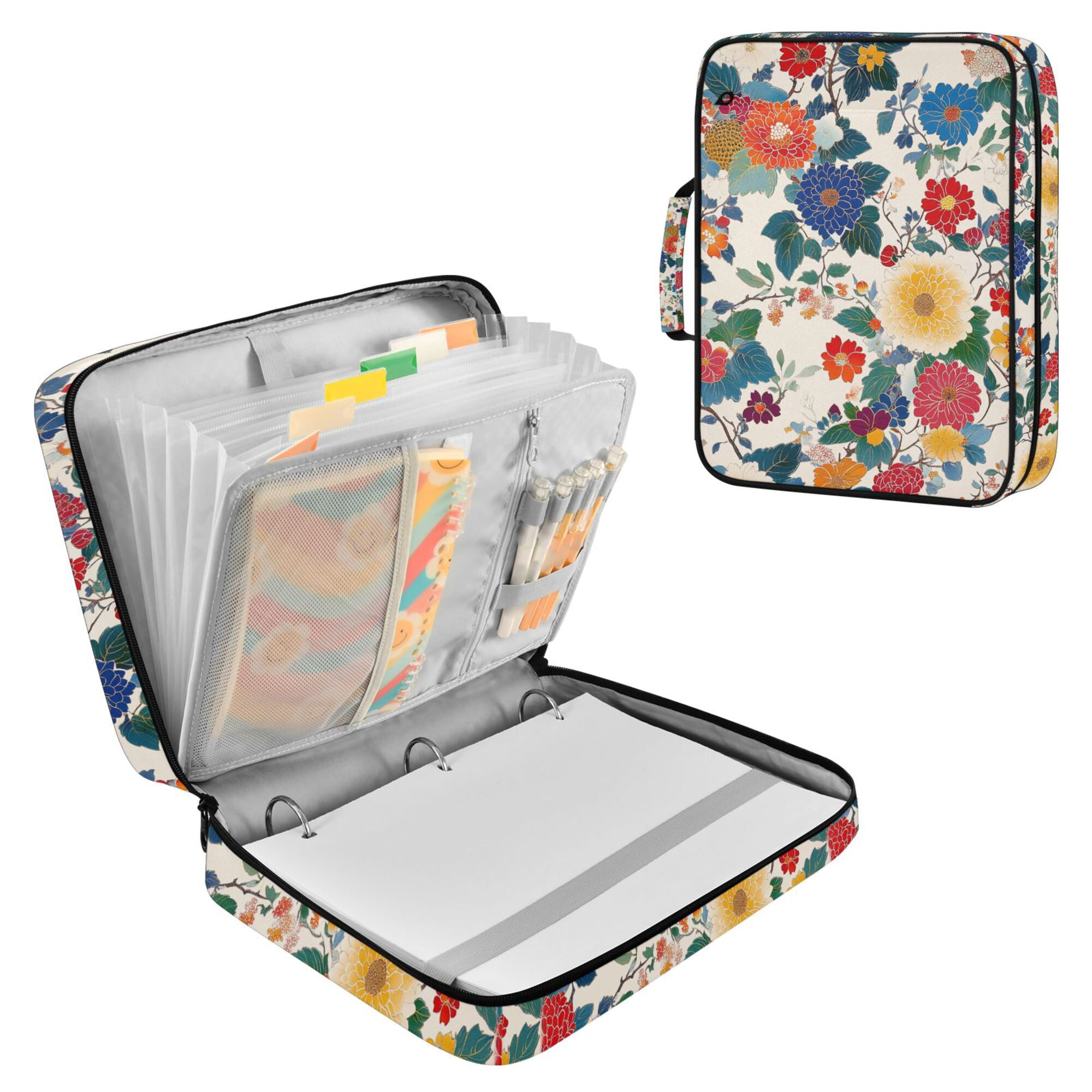 FORMRS Accordion File Folder A4 Size 7-Pocket Expanding Document Organizer Bag with 3 Ring Binder, Red Japanese Floral Pattern