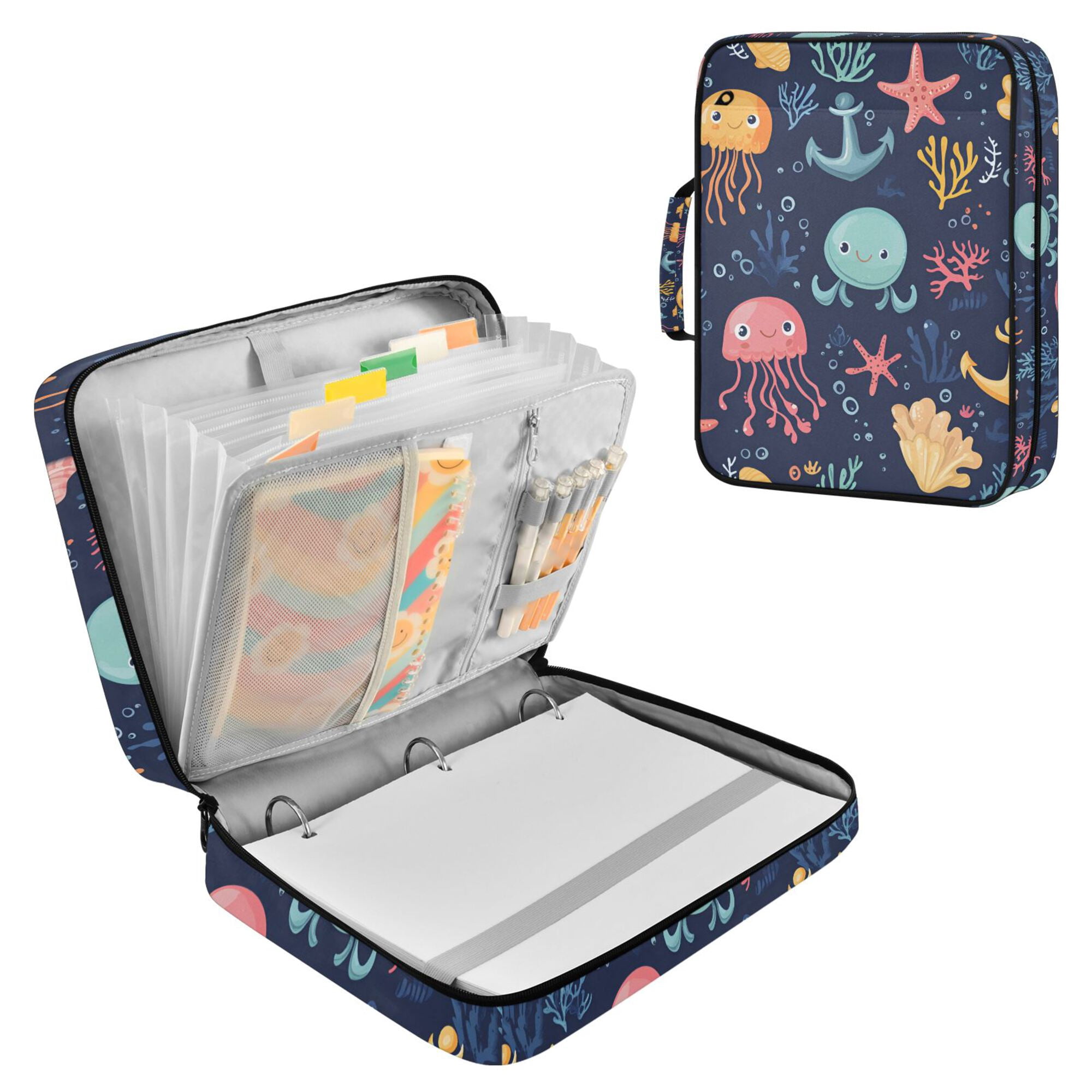 FORMRS Accordion File Folder A4 Size 7-Pocket Expanding Document Organizer Bag with 3 Ring Binder, Red Jellyfish