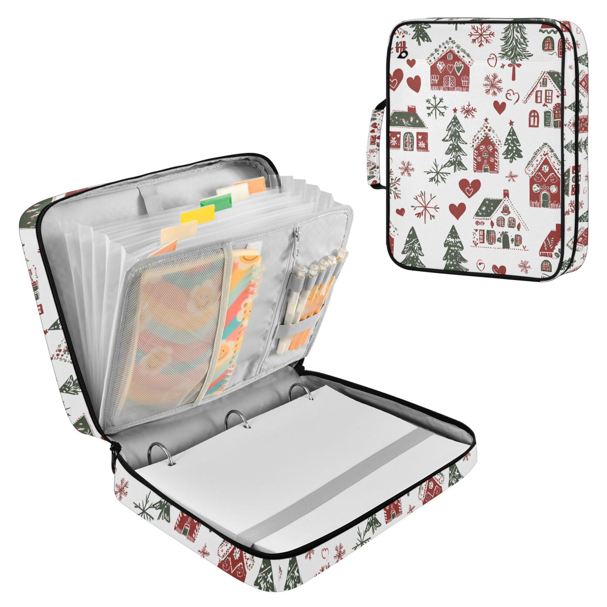 FORMRS Accordion File Folder A4 Size 7-Pocket Expanding Document Organizer Bag with 3 Ring Binder, Red Nordic Christmas