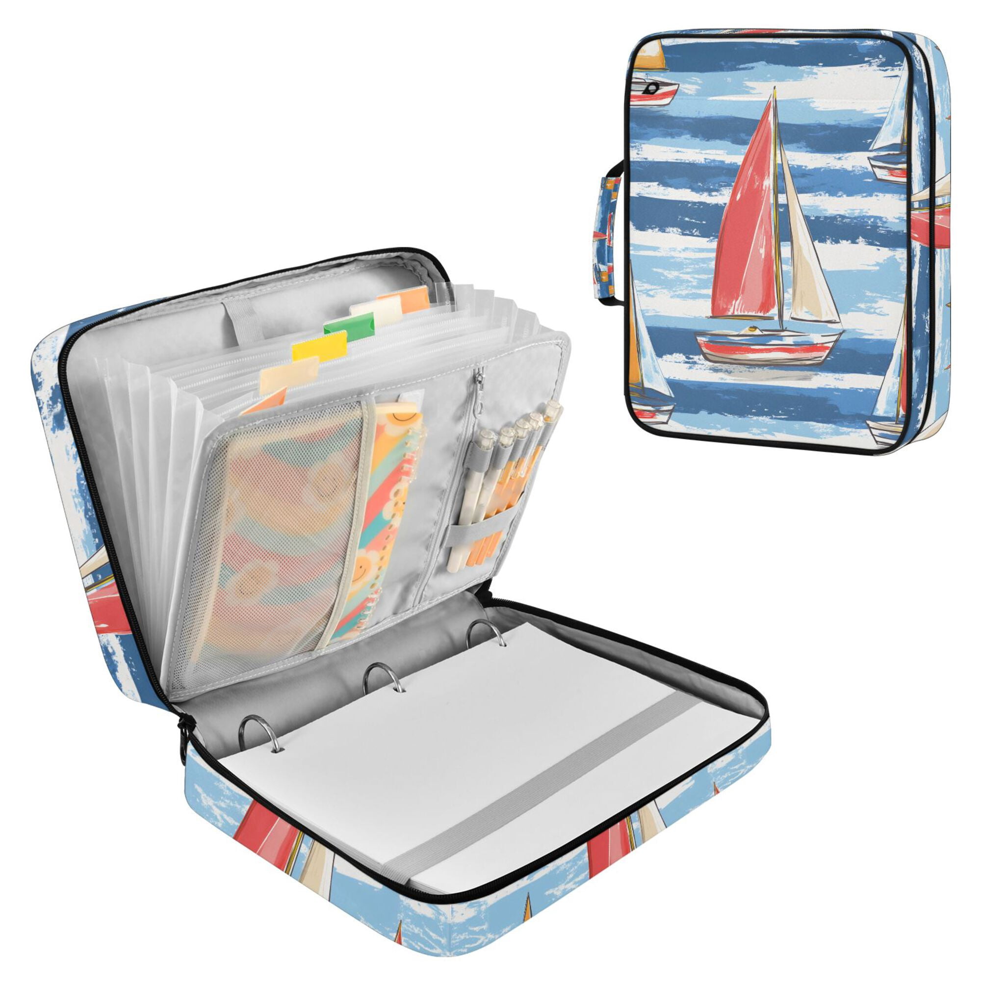 FORMRS Accordion File Folder A4 Size 7-Pocket Expanding Document Organizer Bag with 3 Ring Binder, Red Sailboats