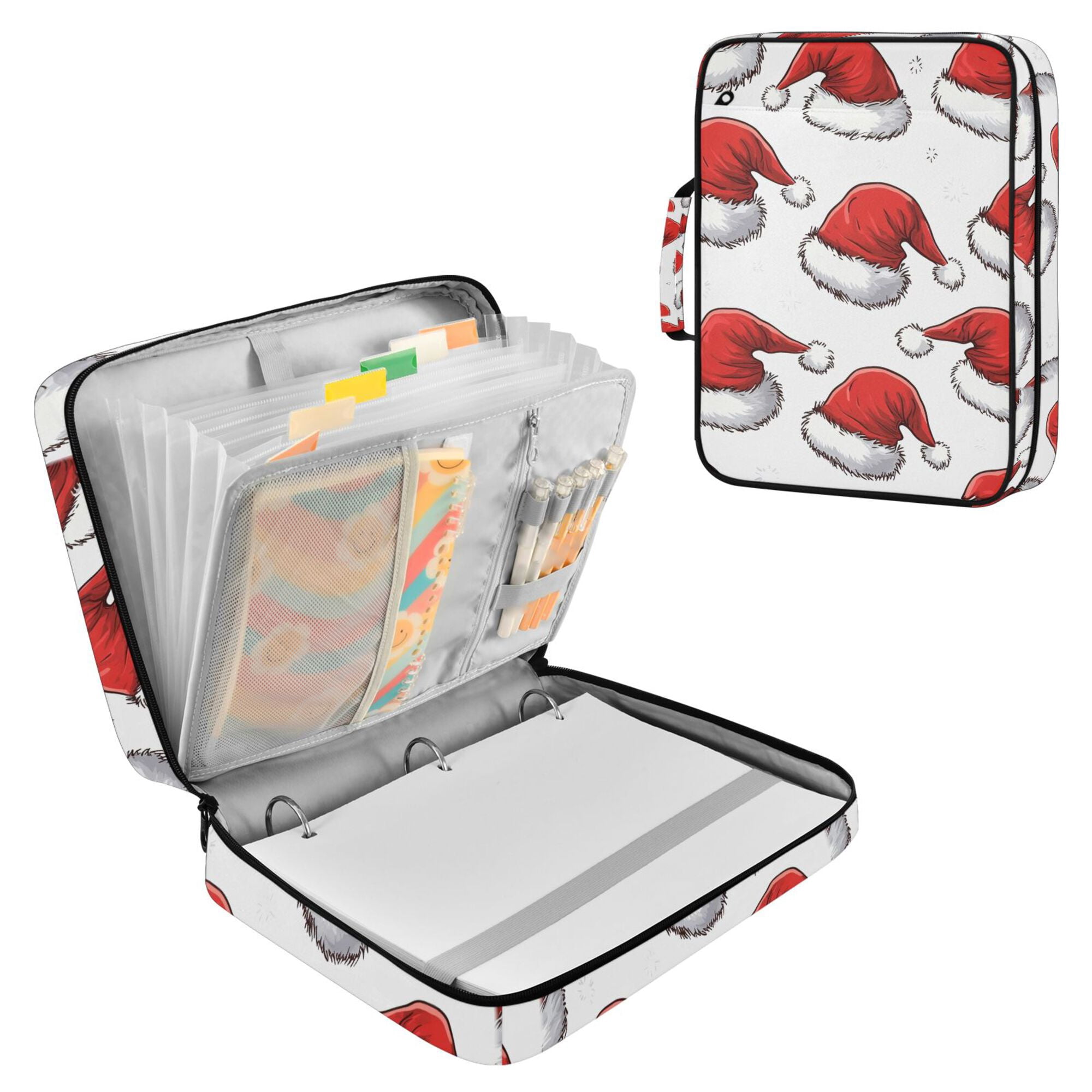 FORMRS Accordion File Folder A4 Size 7-Pocket Expanding Document Organizer Bag with 3 Ring Binder, Red Santa Hats Pattern