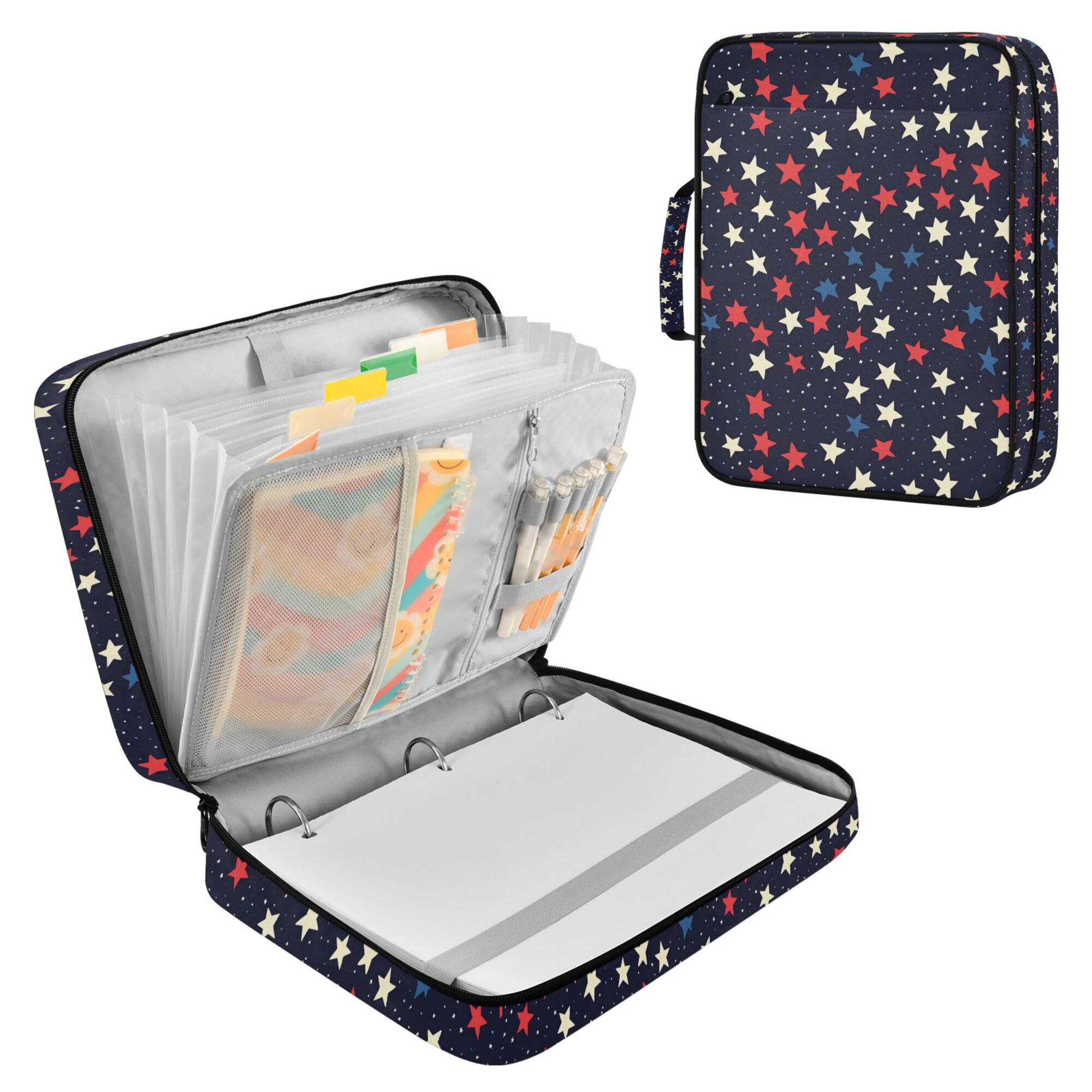 FORMRS Accordion File Folder A4 Size 7-Pocket Expanding Document Organizer Bag with 3 Ring Binder, Red Starry Pattern