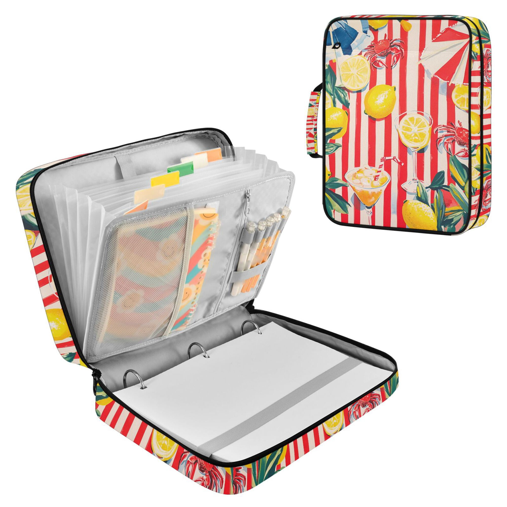 FORMRS Accordion File Folder A4 Size 7-Pocket Expanding Document Organizer Bag with 3 Ring Binder, Red Striped Lemon