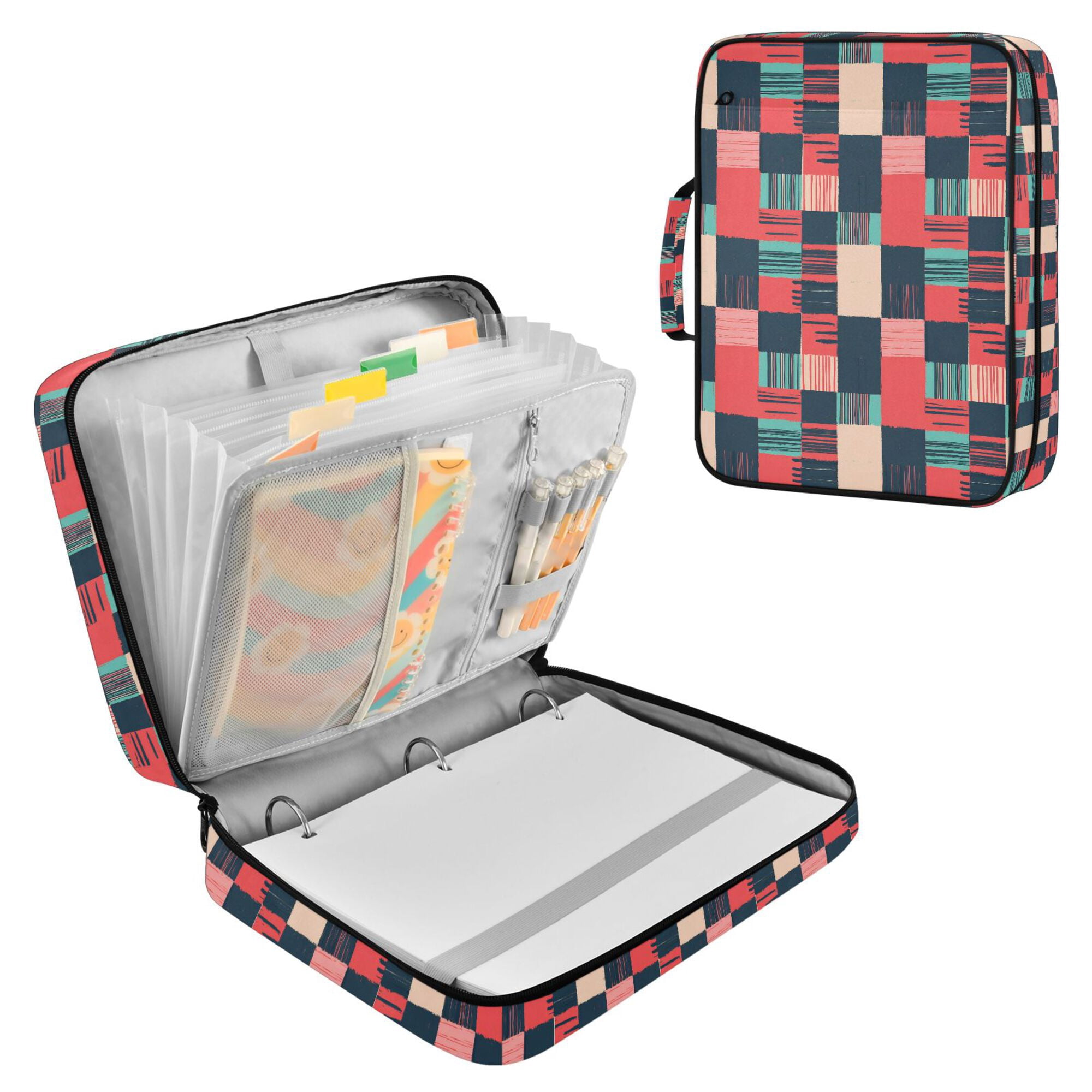 FORMRS Accordion File Folder A4 Size 7-Pocket Expanding Document Organizer Bag with 3 Ring Binder, Red Teal Plaid
