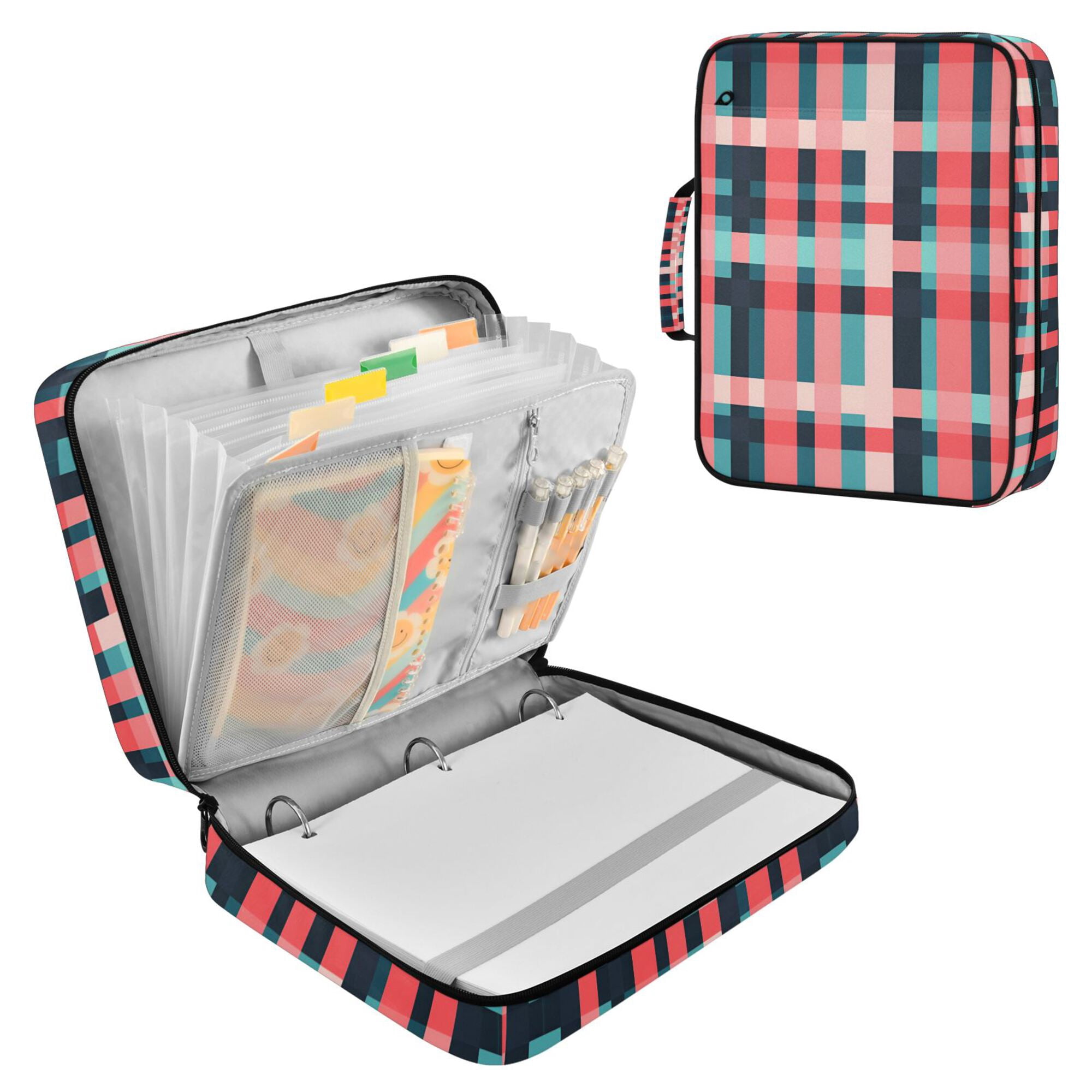 FORMRS Accordion File Folder A4 Size 7-Pocket Expanding Document Organizer Bag with 3 Ring Binder, Red Teal Stripes