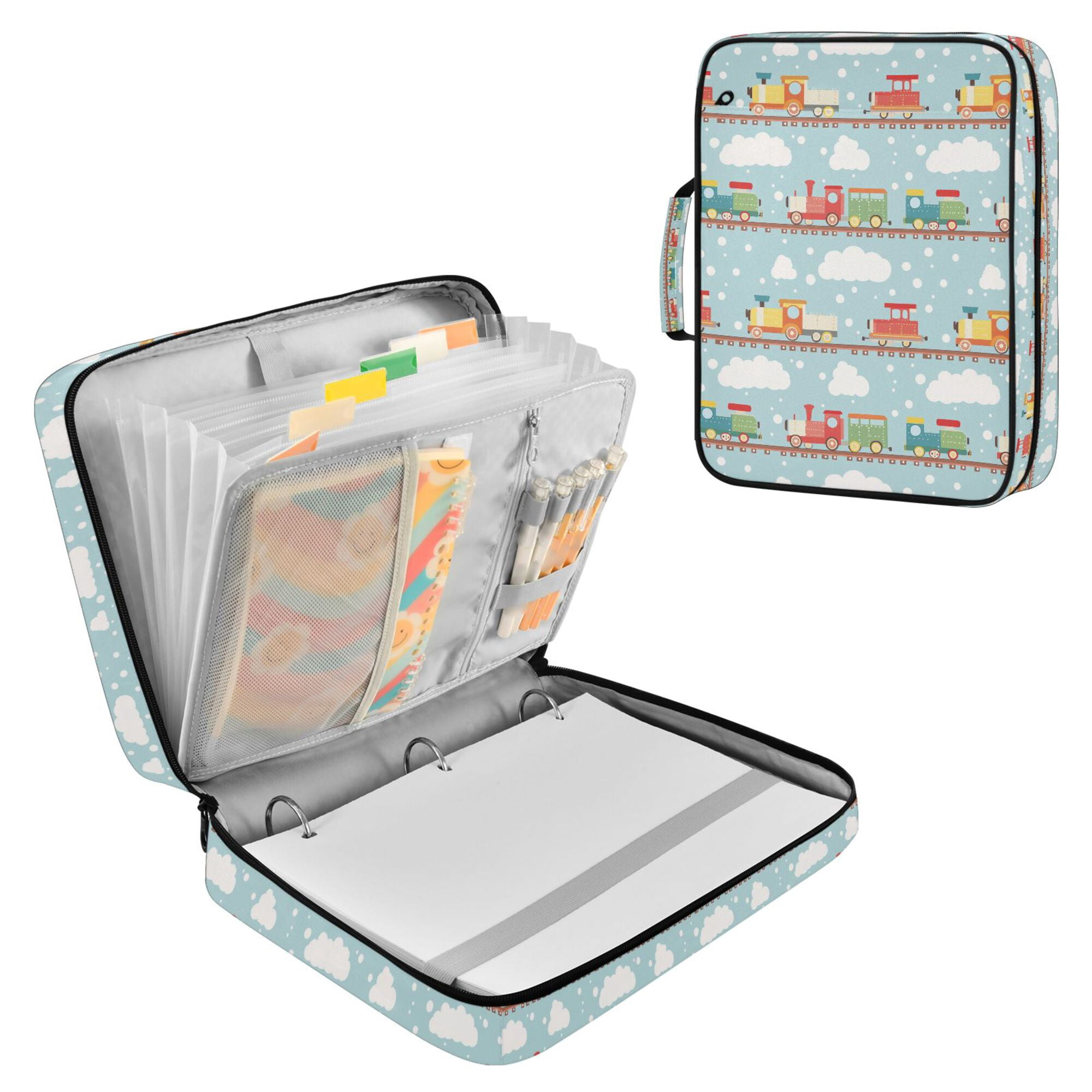 FORMRS Accordion File Folder A4 Size 7-Pocket Expanding Document Organizer Bag with 3 Ring Binder, Red Trains Pattern
