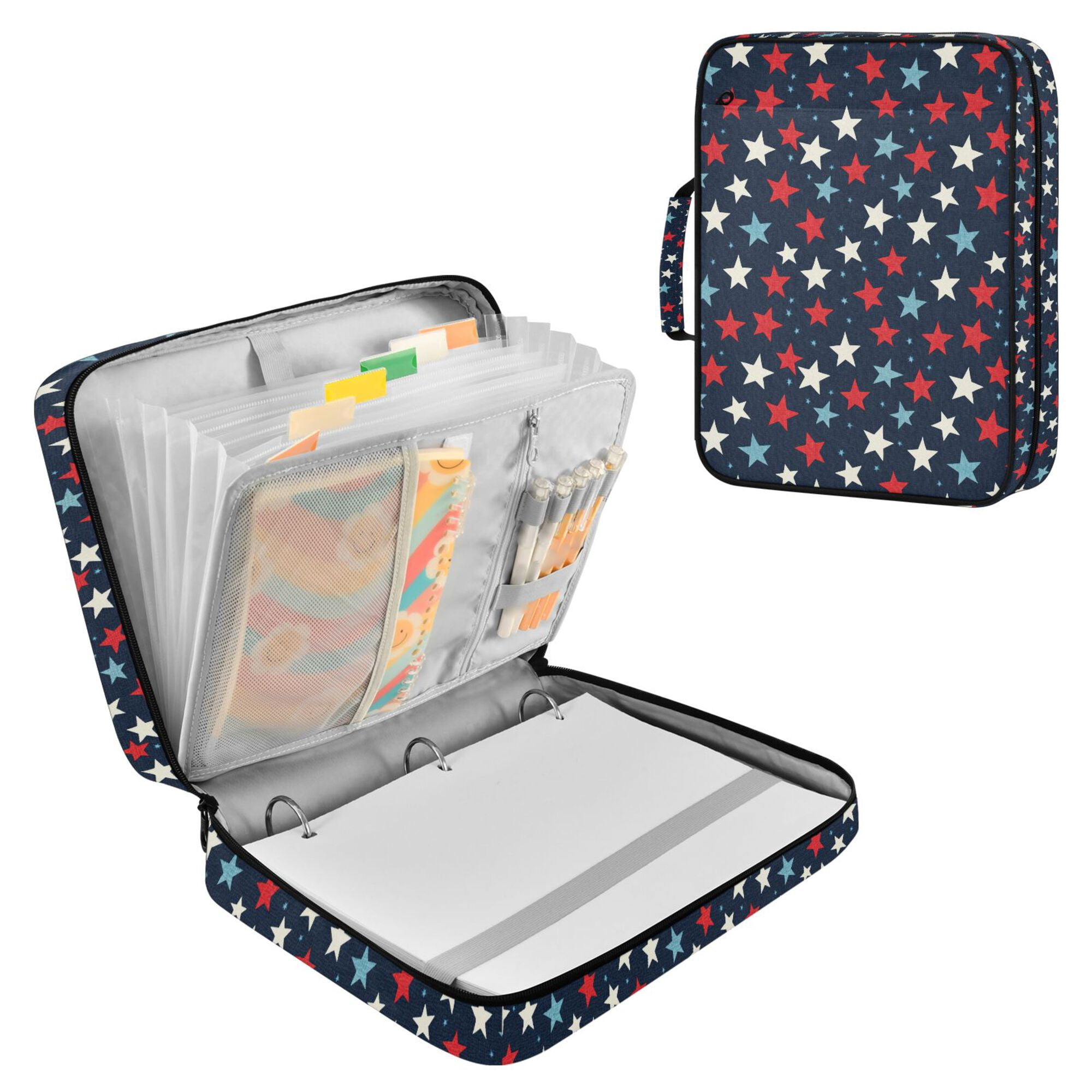 FORMRS Accordion File Folder A4 Size 7-Pocket Expanding Document Organizer Bag with 3 Ring Binder, Red White Stars