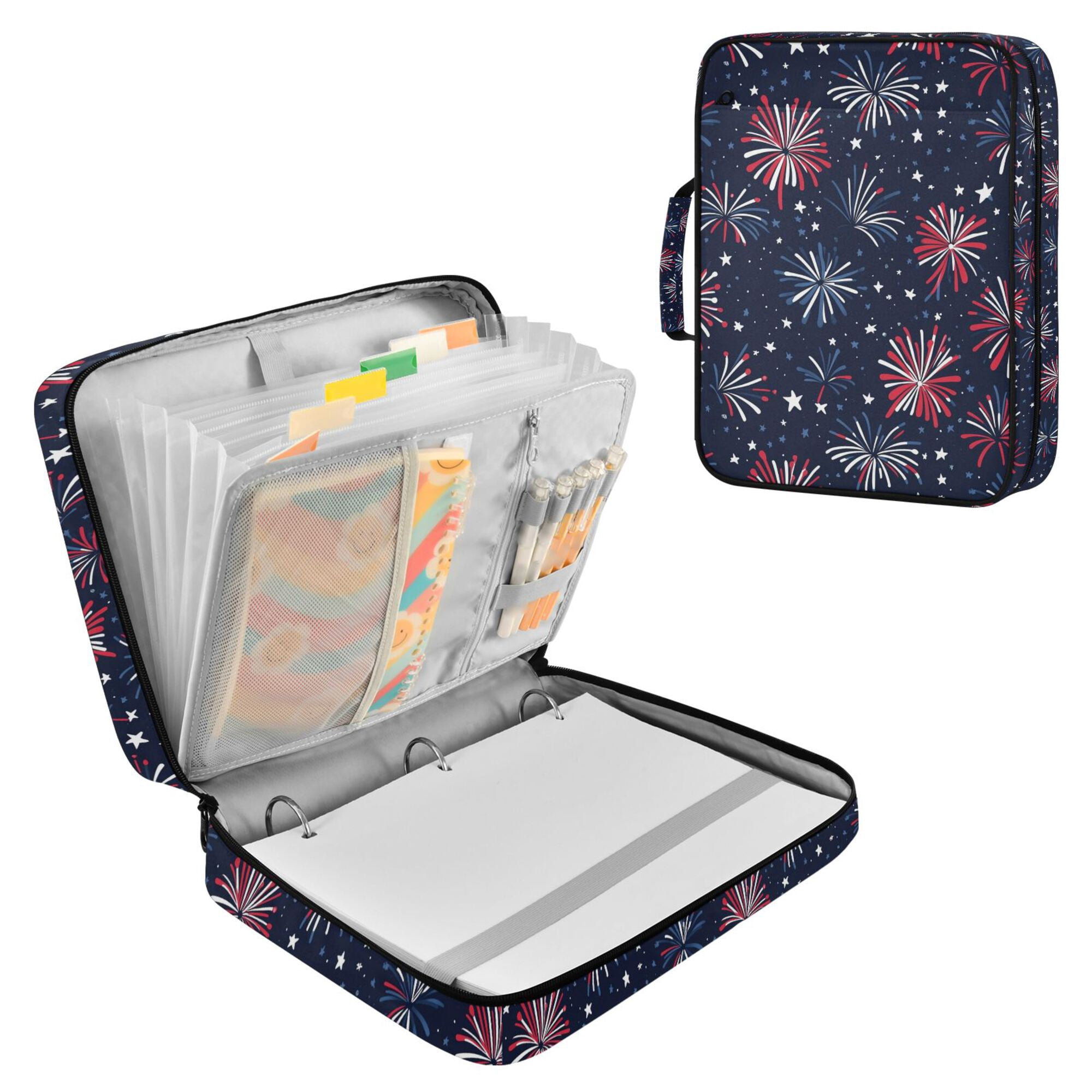 FORMRS Accordion File Folder A4 Size 7-Pocket Expanding Document Organizer Bag with 3 Ring Binder, Red and Blue Fireworks Pattern