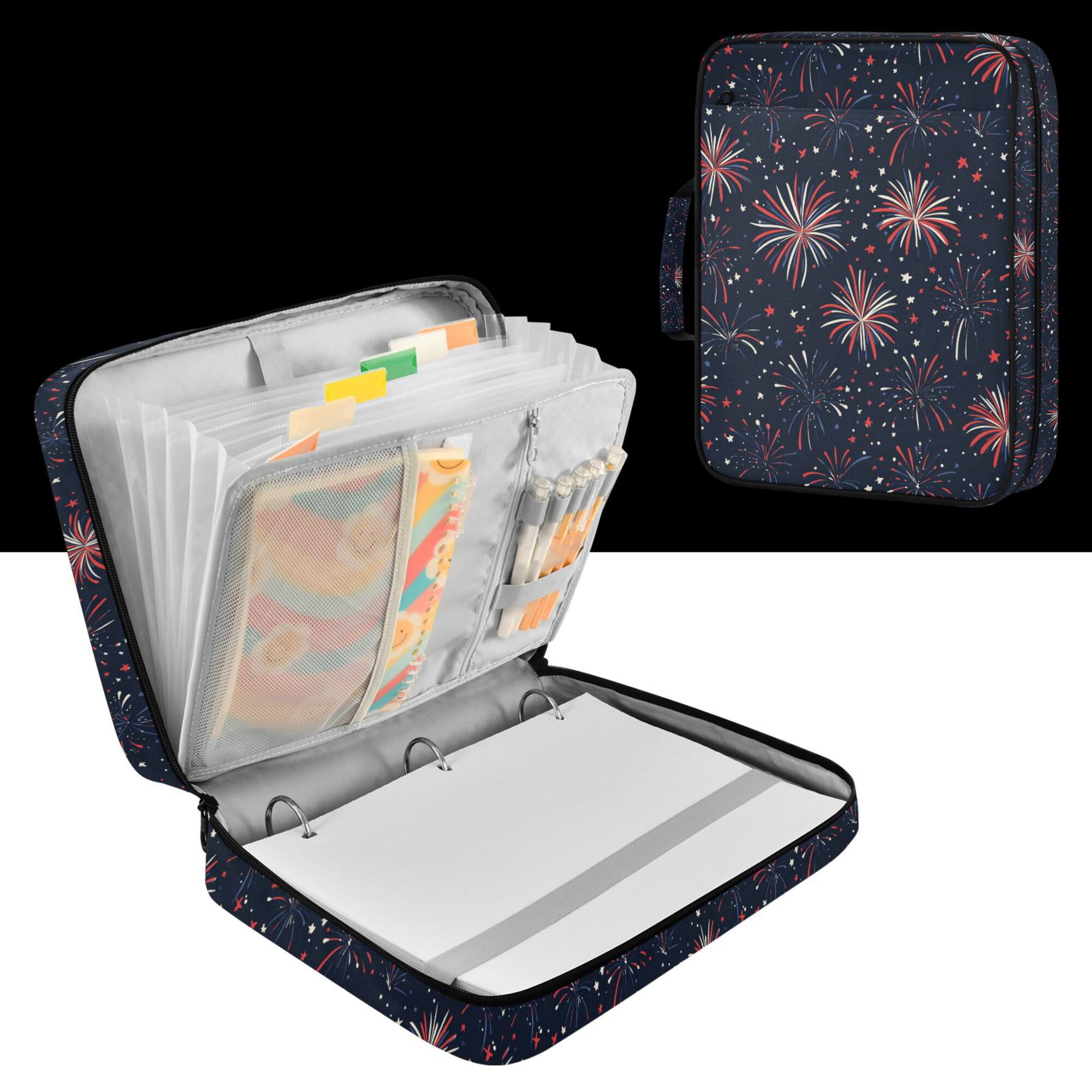 FORMRS Accordion File Folder A4 Size 7-Pocket Expanding Document Organizer Bag with 3 Ring Binder, Red and White Fireworks Pattern