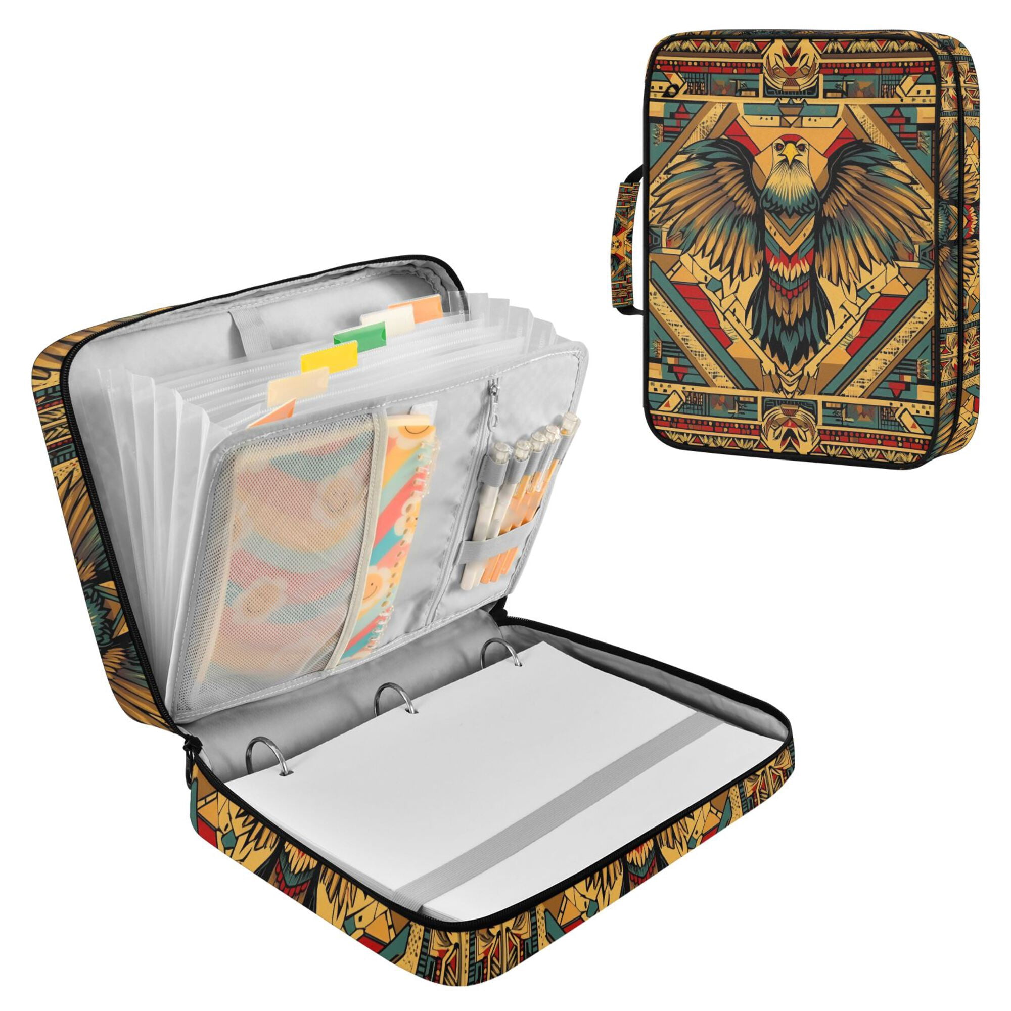 FORMRS Accordion File Folder A4 Size 7-Pocket Expanding Document Organizer Bag with 3 Ring Binder, Retro Abstract Eagle