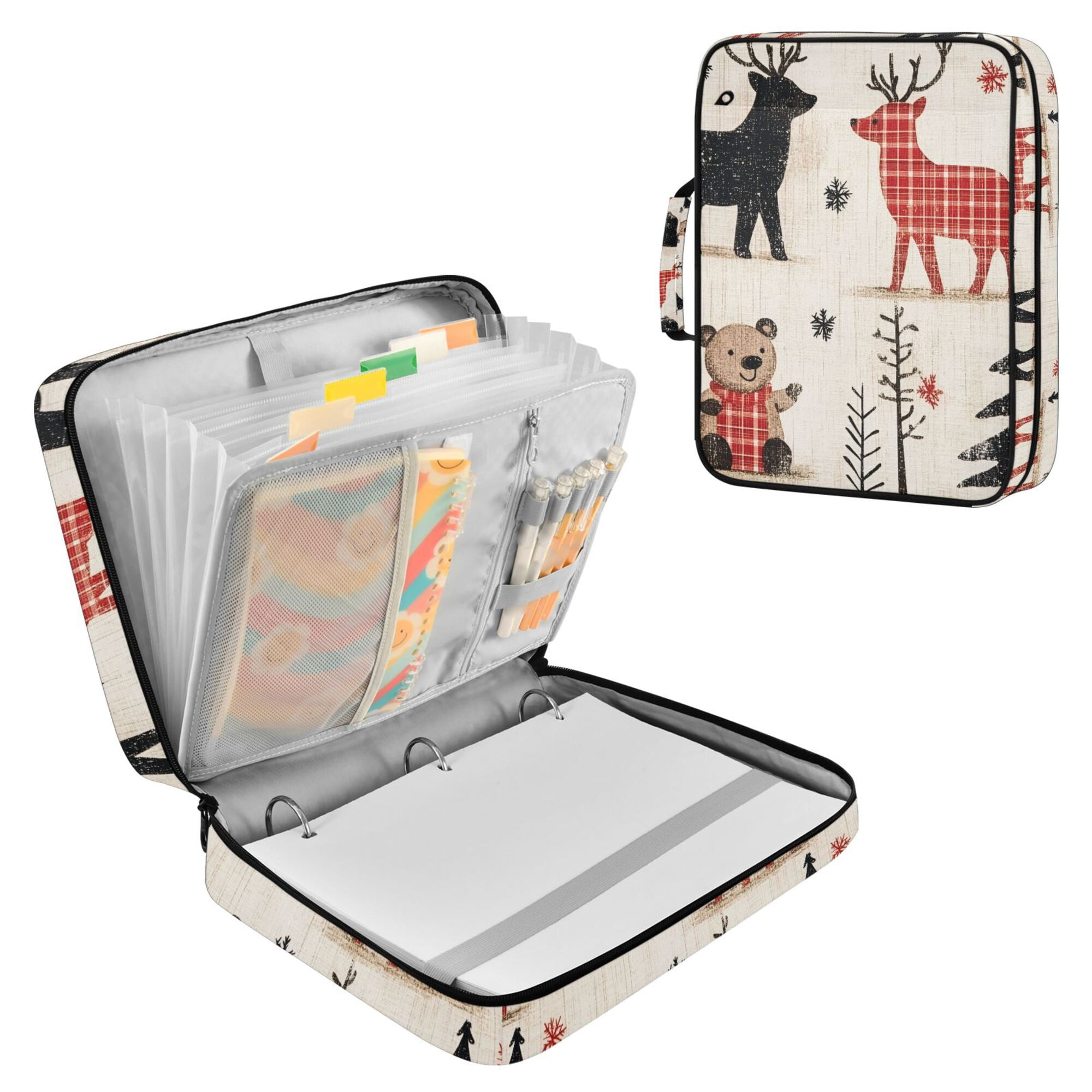 FORMRS Accordion File Folder A4 Size 7-Pocket Expanding Document Organizer Bag with 3 Ring Binder, Retro Christmas Forest