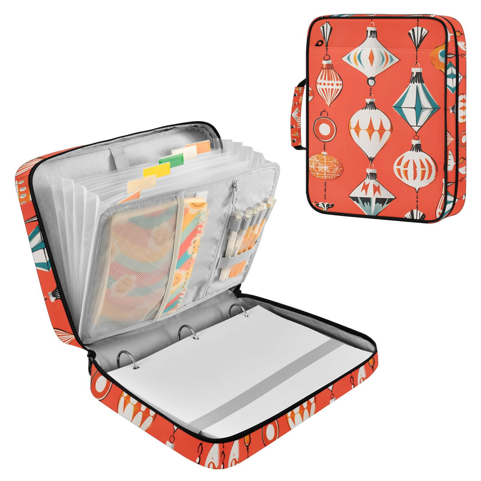 FORMRS Accordion File Folder A4 Size 7-Pocket Expanding Document Organizer Bag with 3 Ring Binder, Retro Christmas Ornaments Pattern