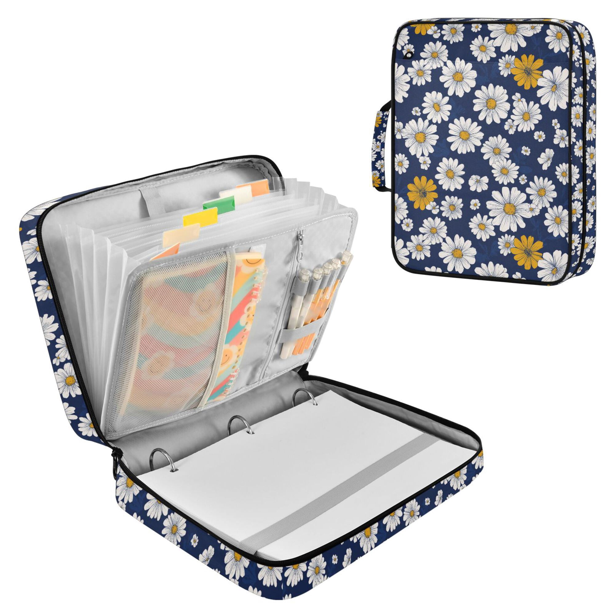 FORMRS Accordion File Folder A4 Size 7-Pocket Expanding Document Organizer Bag with 3 Ring Binder, Retro Daisy Pattern