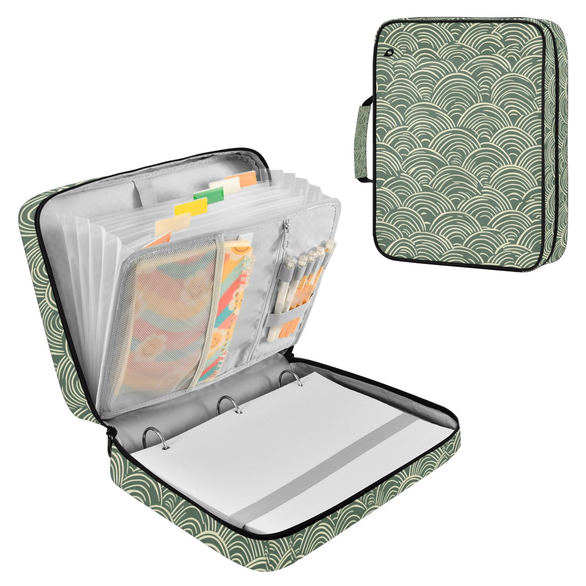 FORMRS Accordion File Folder A4 Size 7-Pocket Expanding Document Organizer Bag with 3 Ring Binder, Retro Green Abstract
