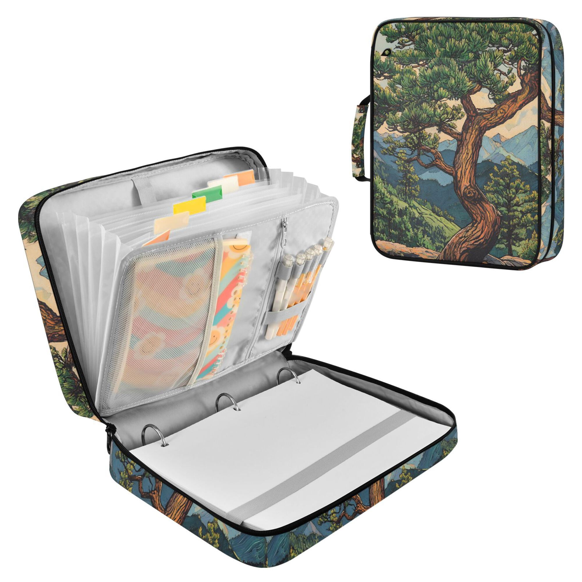 FORMRS Accordion File Folder A4 Size 7-Pocket Expanding Document Organizer Bag with 3 Ring Binder, Retro Pine Tree