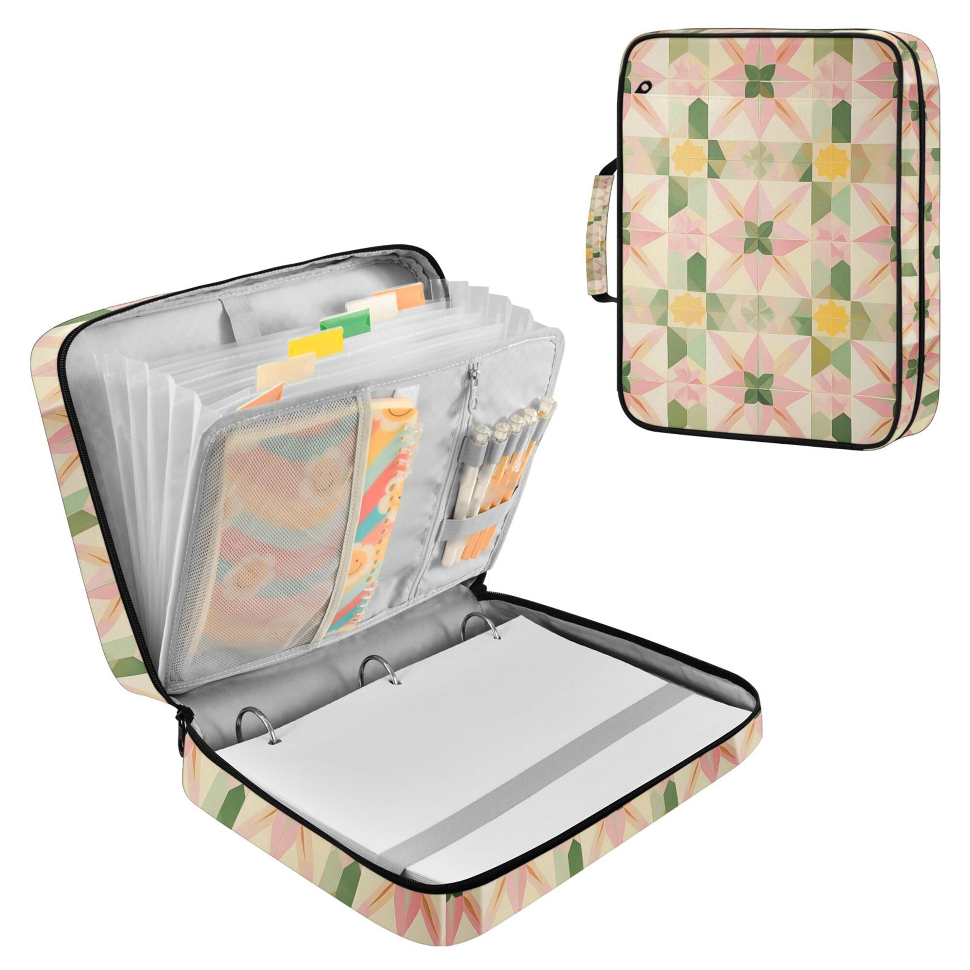 FORMRS Accordion File Folder A4 Size 7-Pocket Expanding Document Organizer Bag with 3 Ring Binder, Retro Pink Stars