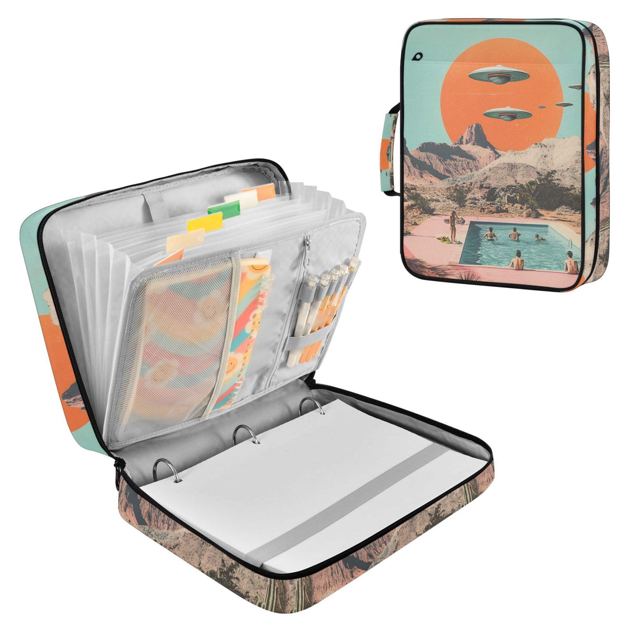 FORMRS Accordion File Folder A4 Size 7-Pocket Expanding Document Organizer Bag with 3 Ring Binder, Retro UFO