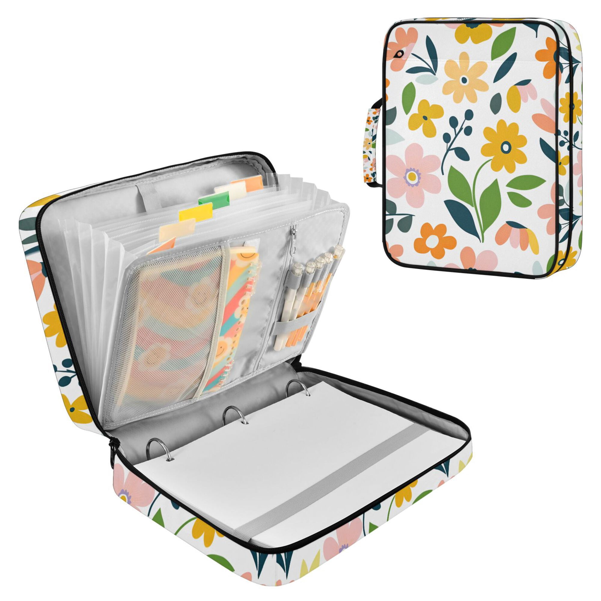 FORMRS Accordion File Folder A4 Size 7-Pocket Expanding Document Organizer Bag with 3 Ring Binder, Retro Yellow Floral